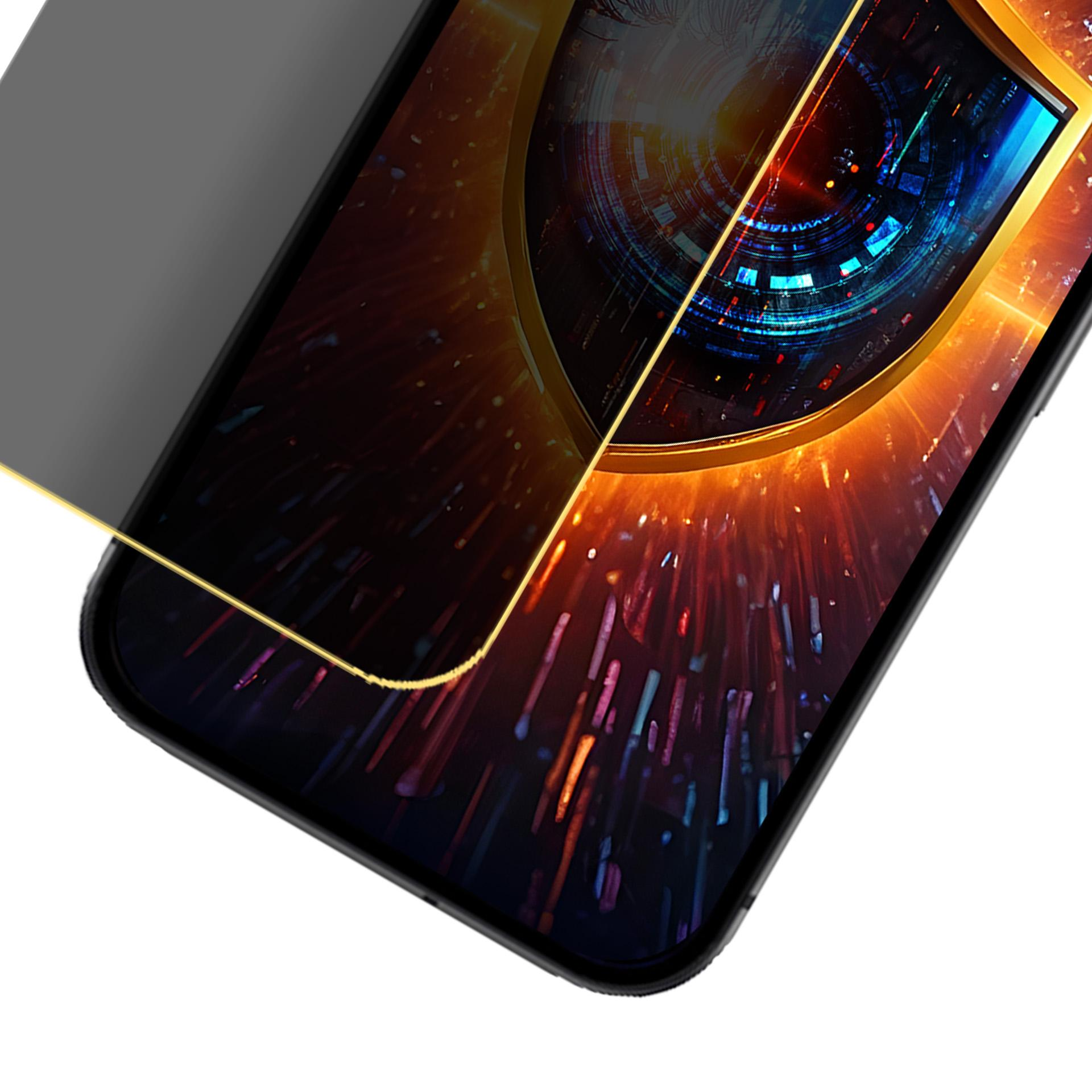 Smartfon z ochraniaczem ekranu, wyświetlający futurystyczny design w odcieniach niebieskiego i pomarańczowego. Telefon jest pochylony.