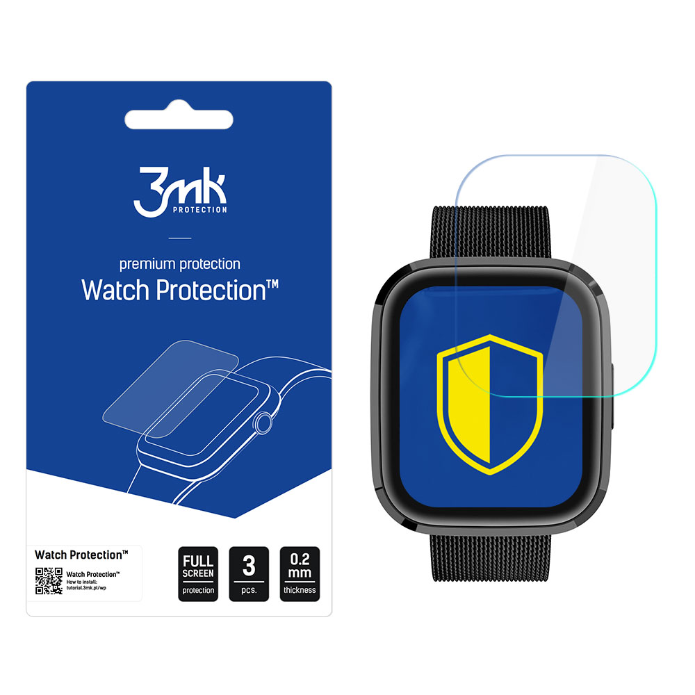 Uno smartwatch e una protezione schermo sono affiancati. La protezione ha un logo a scudo, l'orologio un cinturino nero.