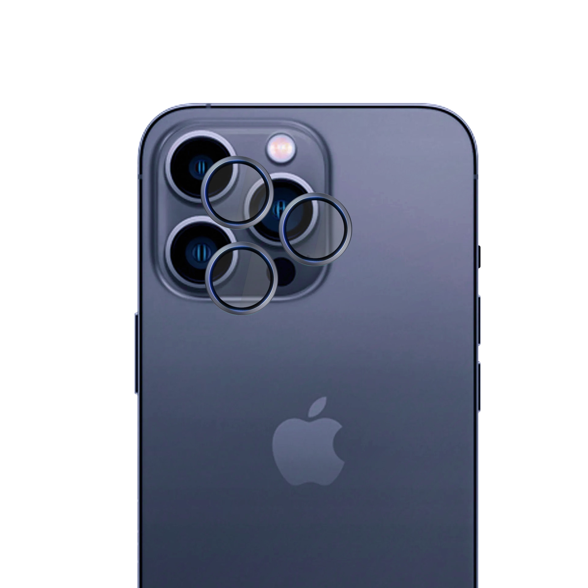 Retro di iPhone blu scuro con obiettivi e protezioni. Logo Apple visibile.