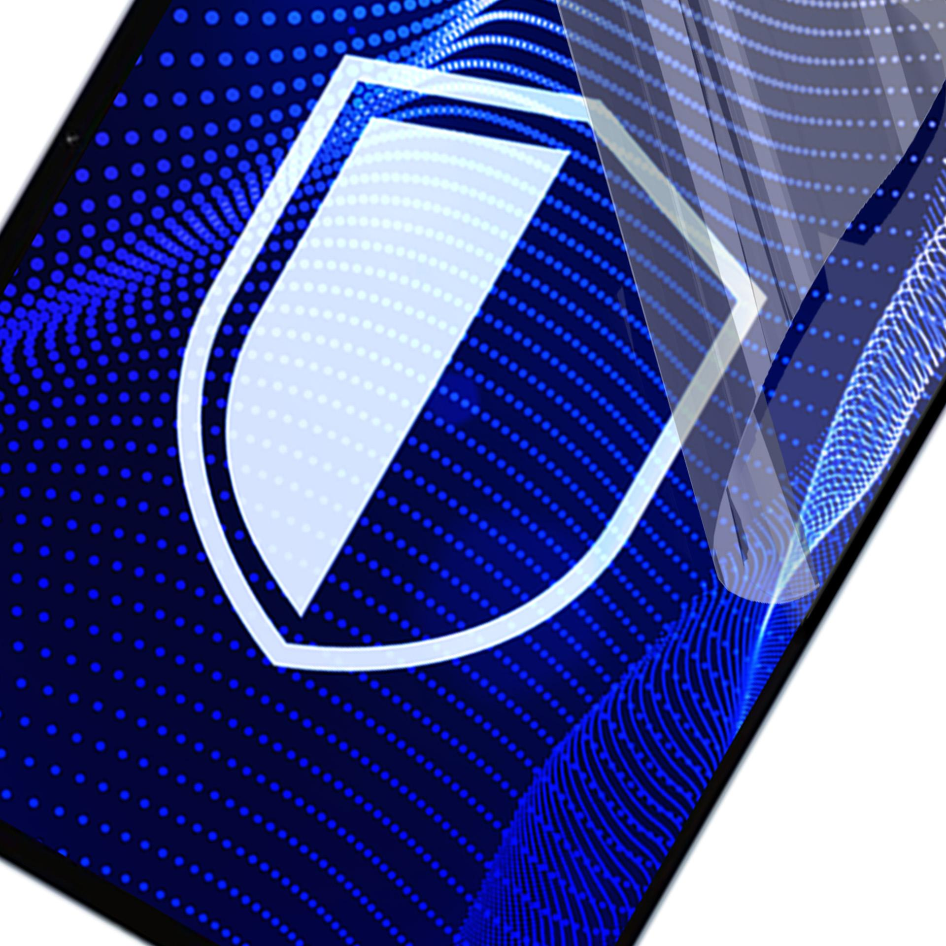 Obraz cyfrowy z ikoną tarczy na niebieskim tle z białymi kropkami. Przezroczysta warstwa znajduje się na górze.