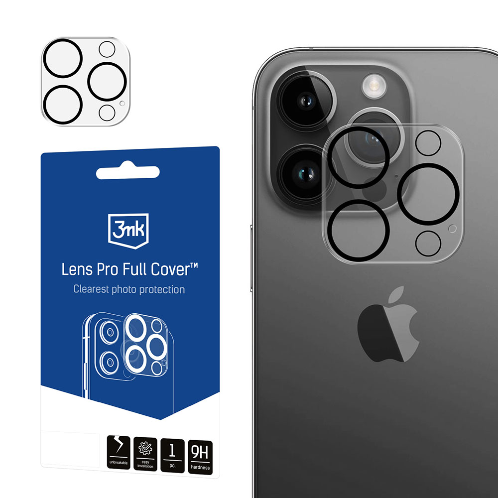 Un iPhone con protezioni per lenti e una confezione. La confezione mostra il nome del prodotto, il logo e le caratteristiche.