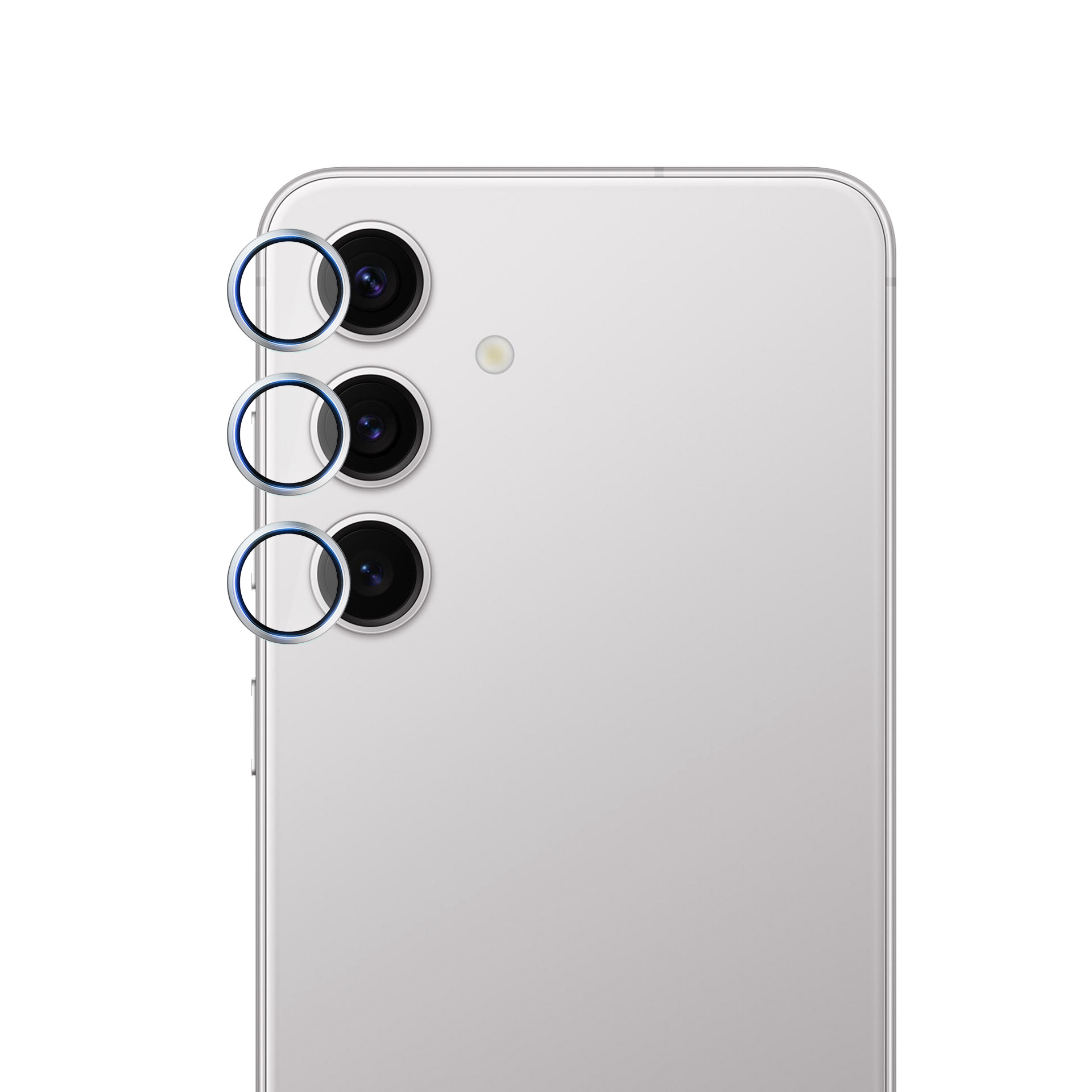Retro di uno smartphone con tre obiettivi e un flash, circondati da anelli protettivi. Il telefono è argento.