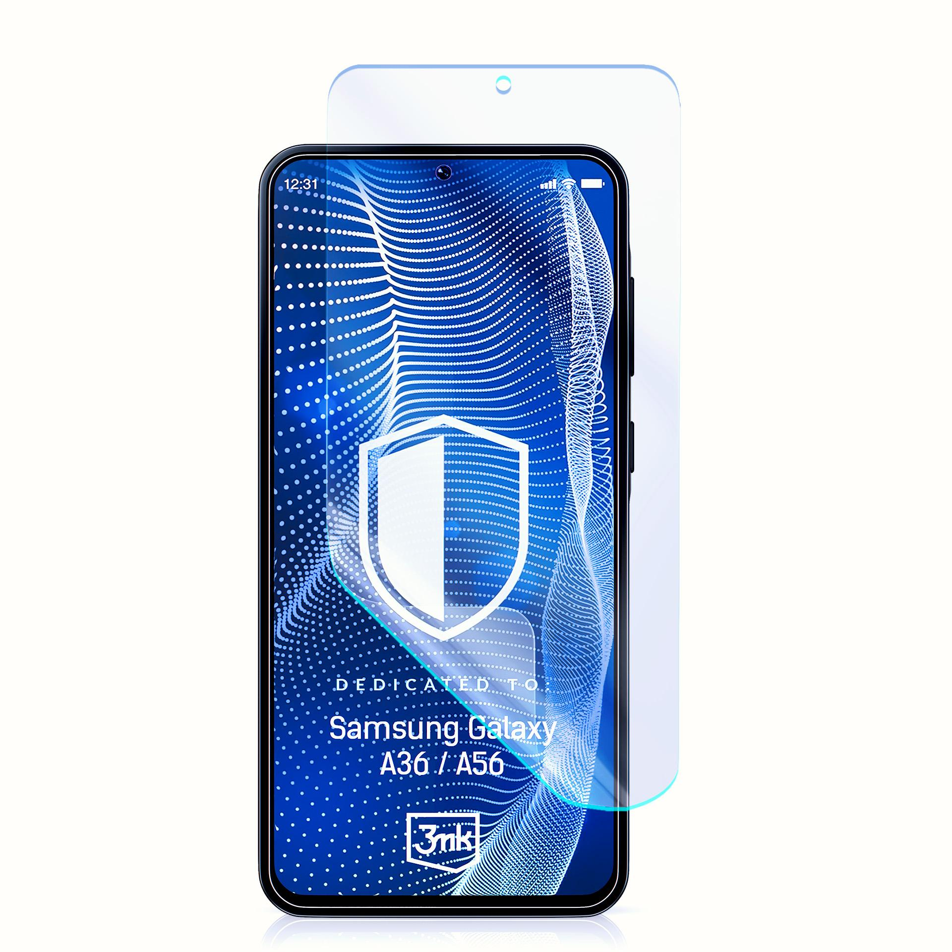 Smartfon z osłoną ekranu. Ekran wyświetla grafikę tarczy i tekst 'Samsung Galaxy A36/A56'.