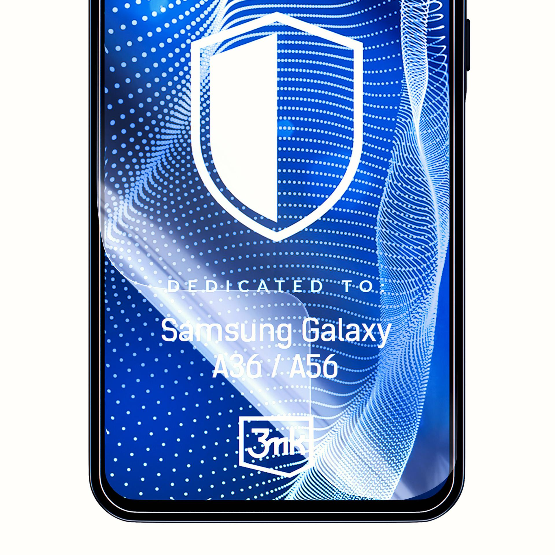 Ochraniacz ekranu z logo tarczy dla Samsung Galaxy A36/A56. Tło z niebieskimi kropkami i liniami.
