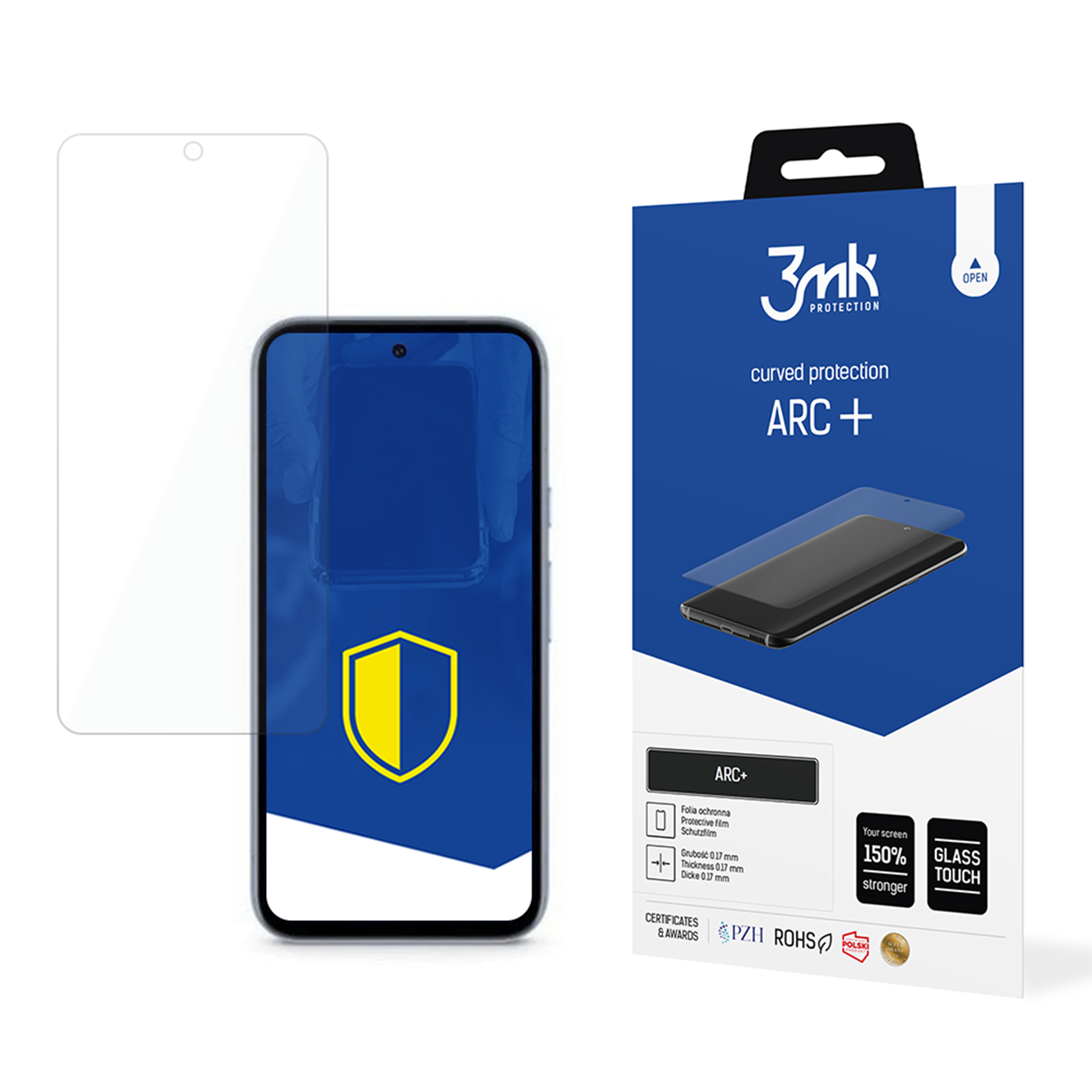 Un telefono con protezione schermo è mostrato accanto alla sua confezione. La scatola è blu con il logo del marchio e le informazioni sul prodotto.