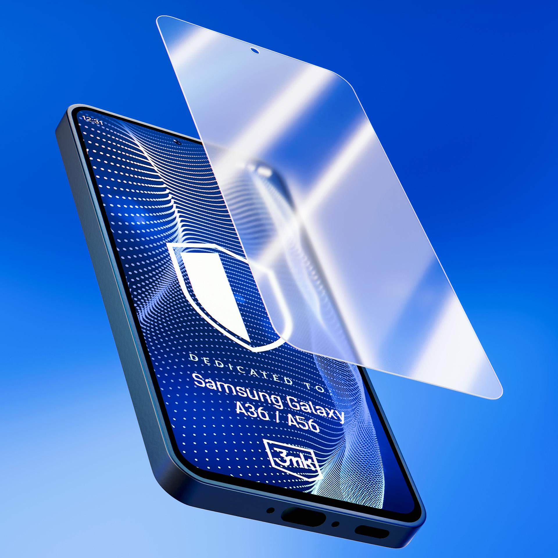 Smartfon z nakładką ochronną ekranu. Ekran telefonu wyświetla wzór i tekst na niebieskim tle.