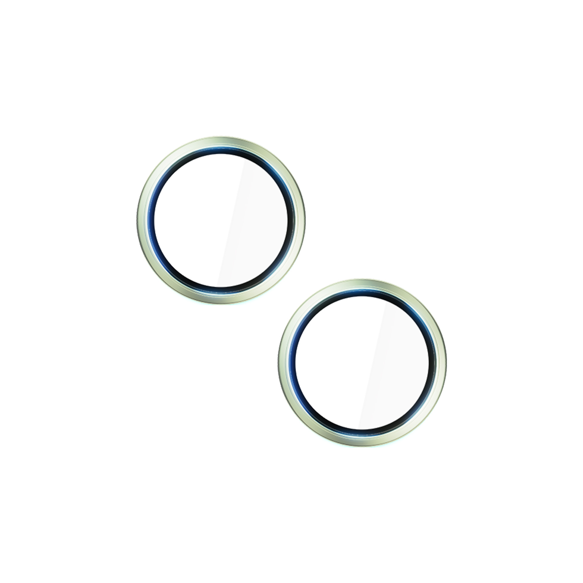 Due protezioni circolari in vetro con bordi argentati e un anello interno blu su sfondo bianco.