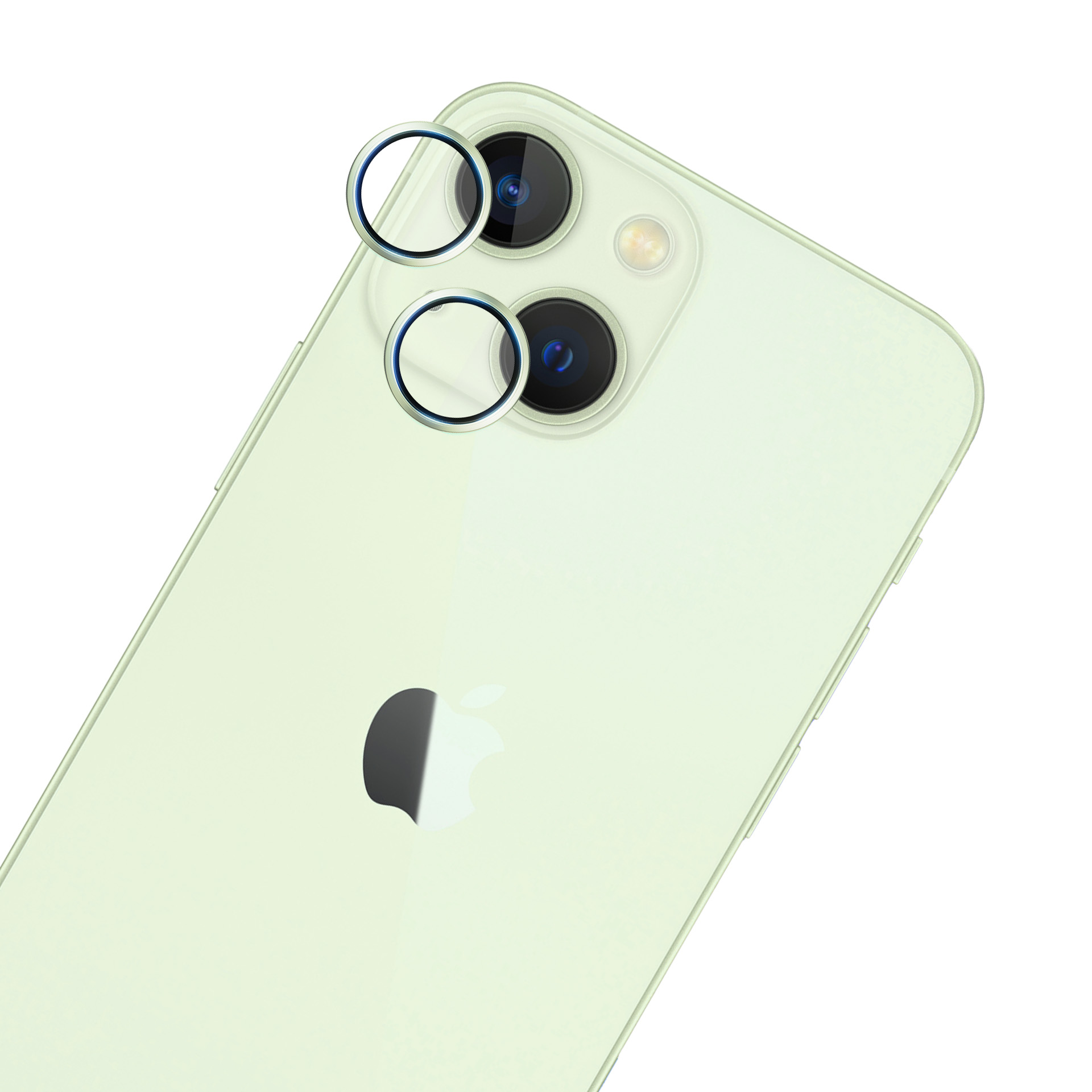 Un iPhone verde chiaro con protezioni per lenti della fotocamera. Il logo Apple è visibile. Lo sfondo è bianco.