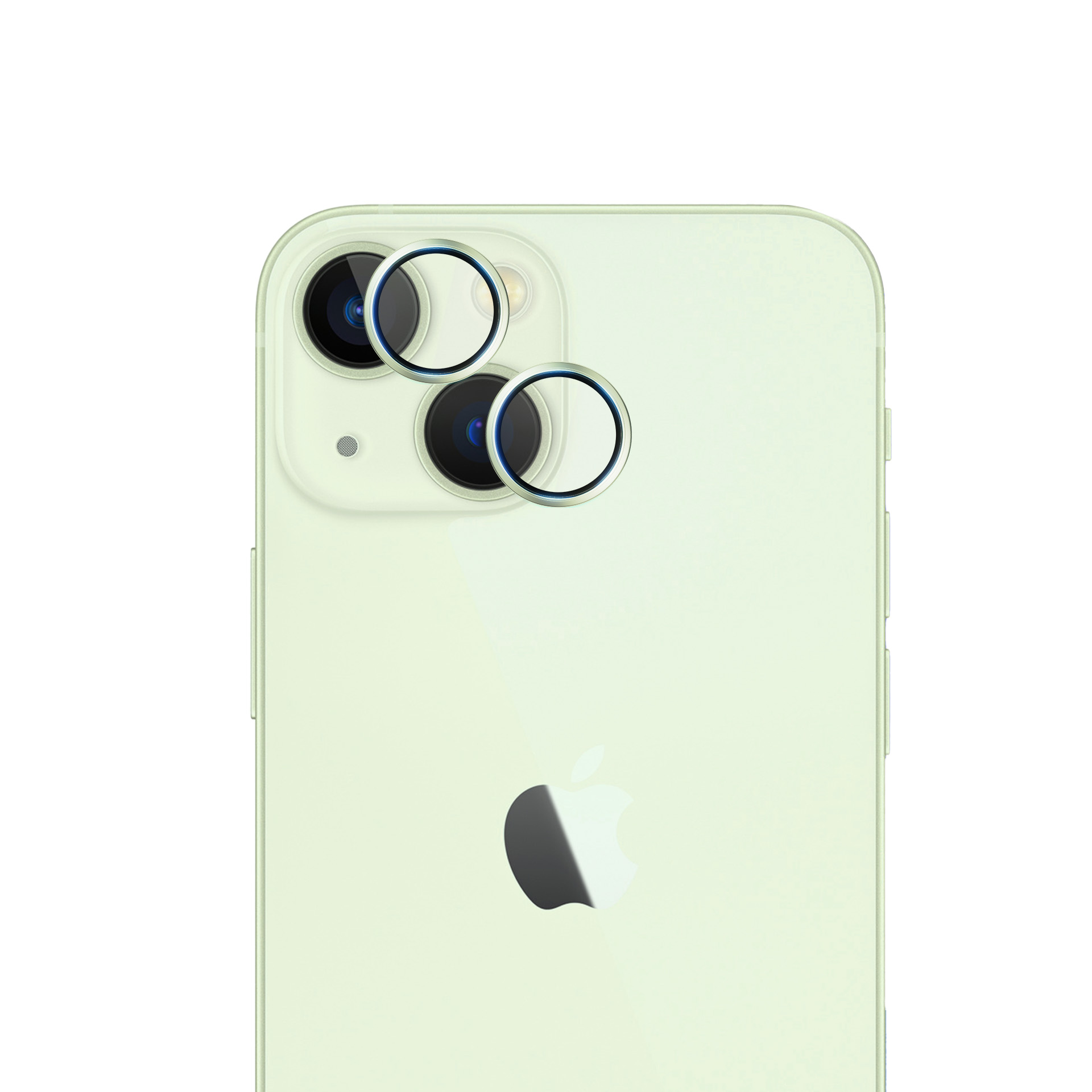 Retro di un iPhone verde chiaro con tre lenti protette da anelli di vetro. Il logo Apple è visibile.