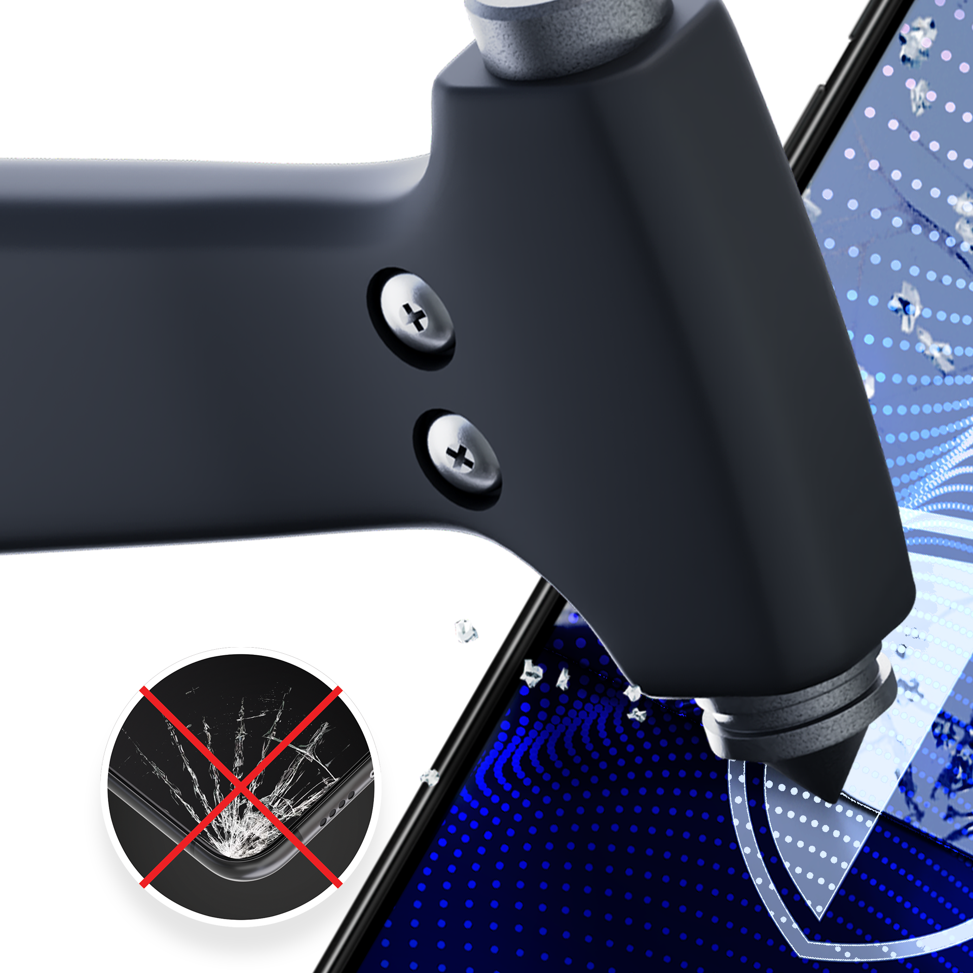 Młotek uderza w ekran telefonu. Ekran po prawej stronie pokazuje niebieskie kropki. Koło pokazuje pęknięty telefon z czerwonym krzyżem.