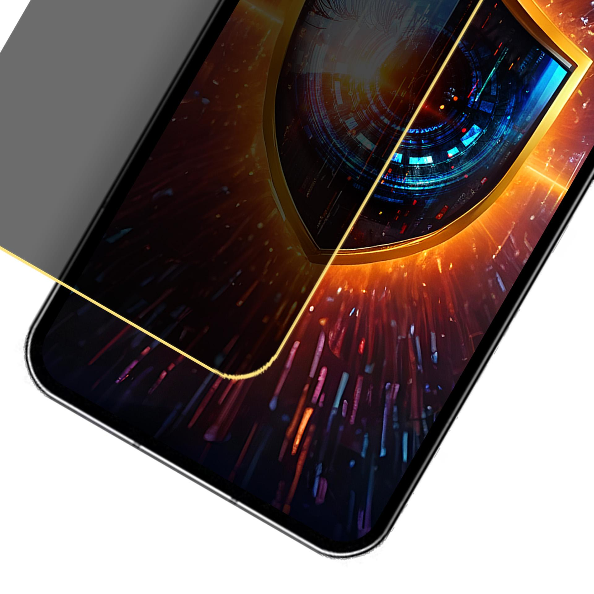 Lo schermo di un telefono mostra un grafico digitale a scudo. Lo schermo è coperto da una protezione per la privacy, mostrata angolata.