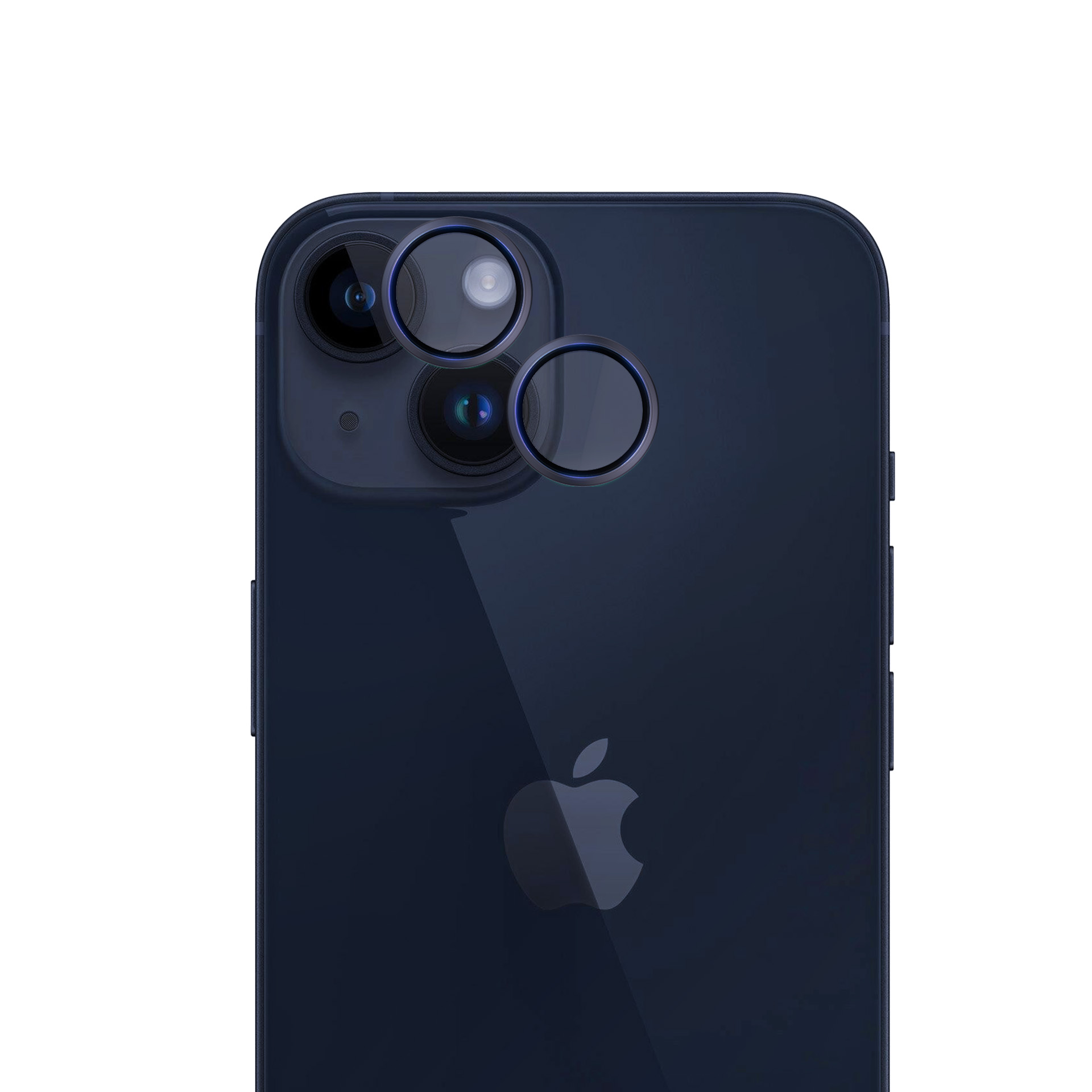 Vista posteriore di un iPhone blu scuro con tre obiettivi della fotocamera visibili. Il logo Apple è presente.
