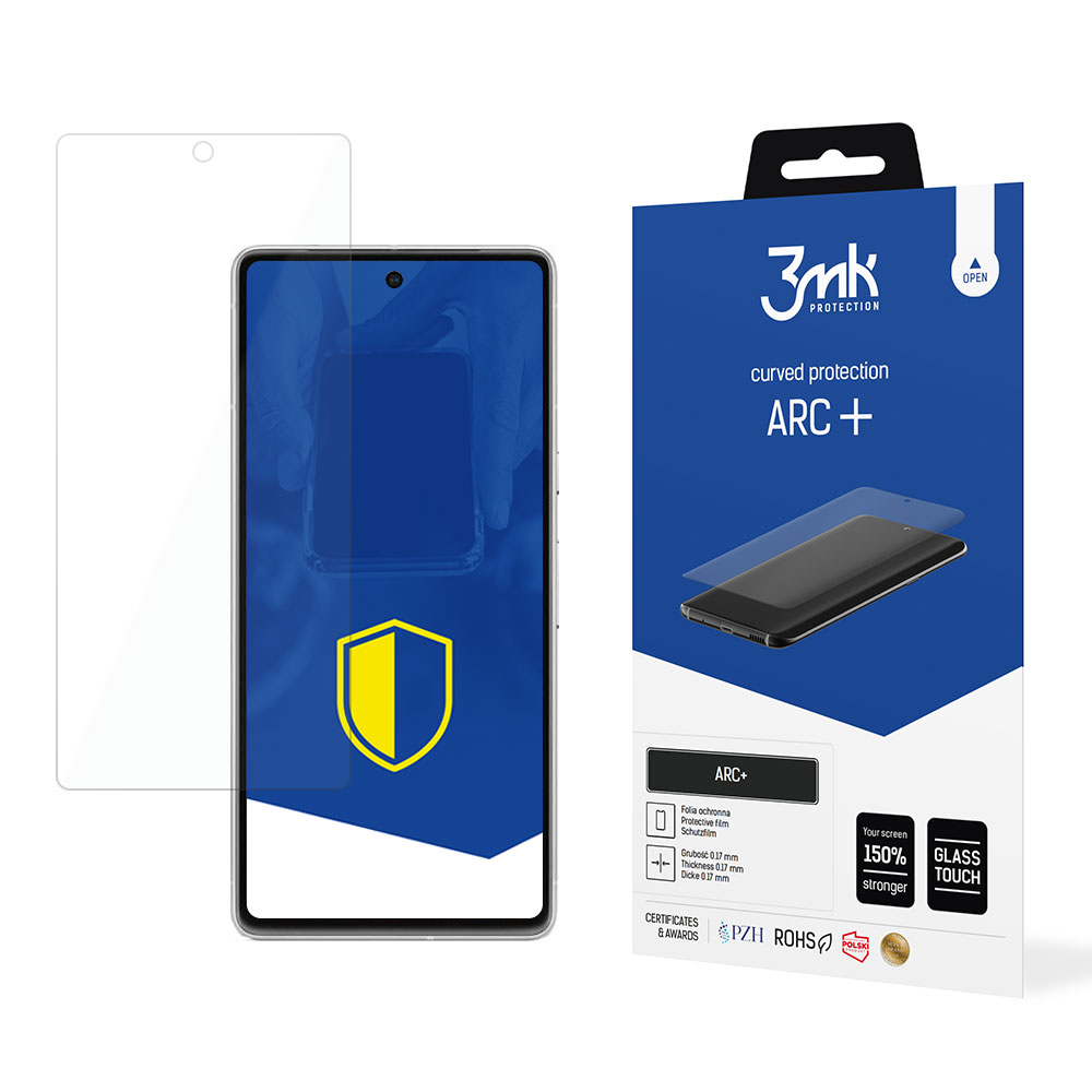 Smartphone con protezione schermo e confezione. La confezione è blu con testo bianco e un'immagine del telefono.