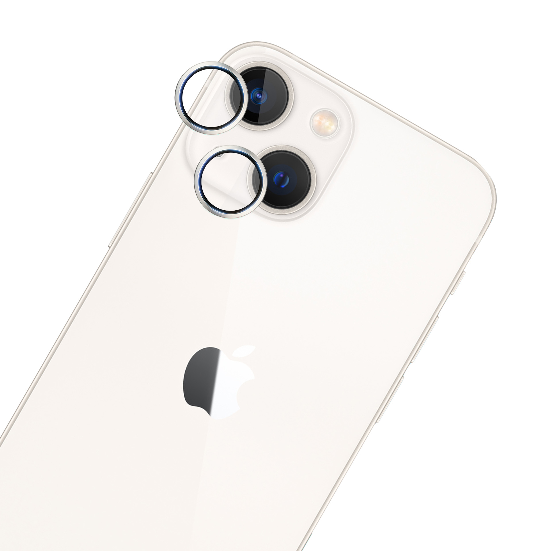 Tył białego iPhone'a z trzema obiektywami i pierścieniem ochronnym. Widoczne logo Apple.
