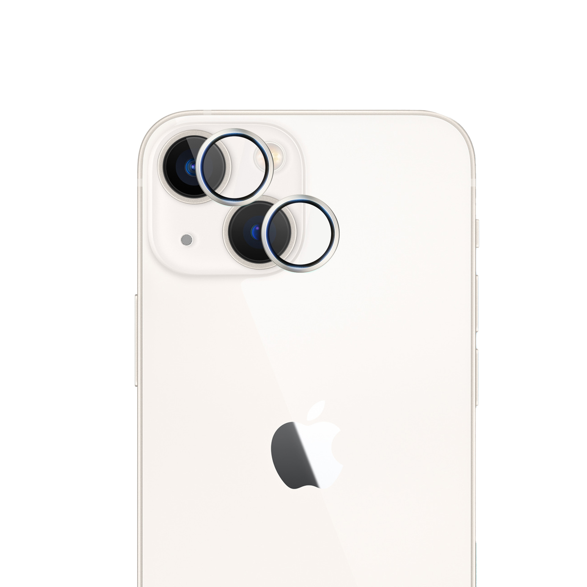 Tył białego iPhone'a z trzema obiektywami. Ochronne srebrne pierścienie wokół obiektywów.