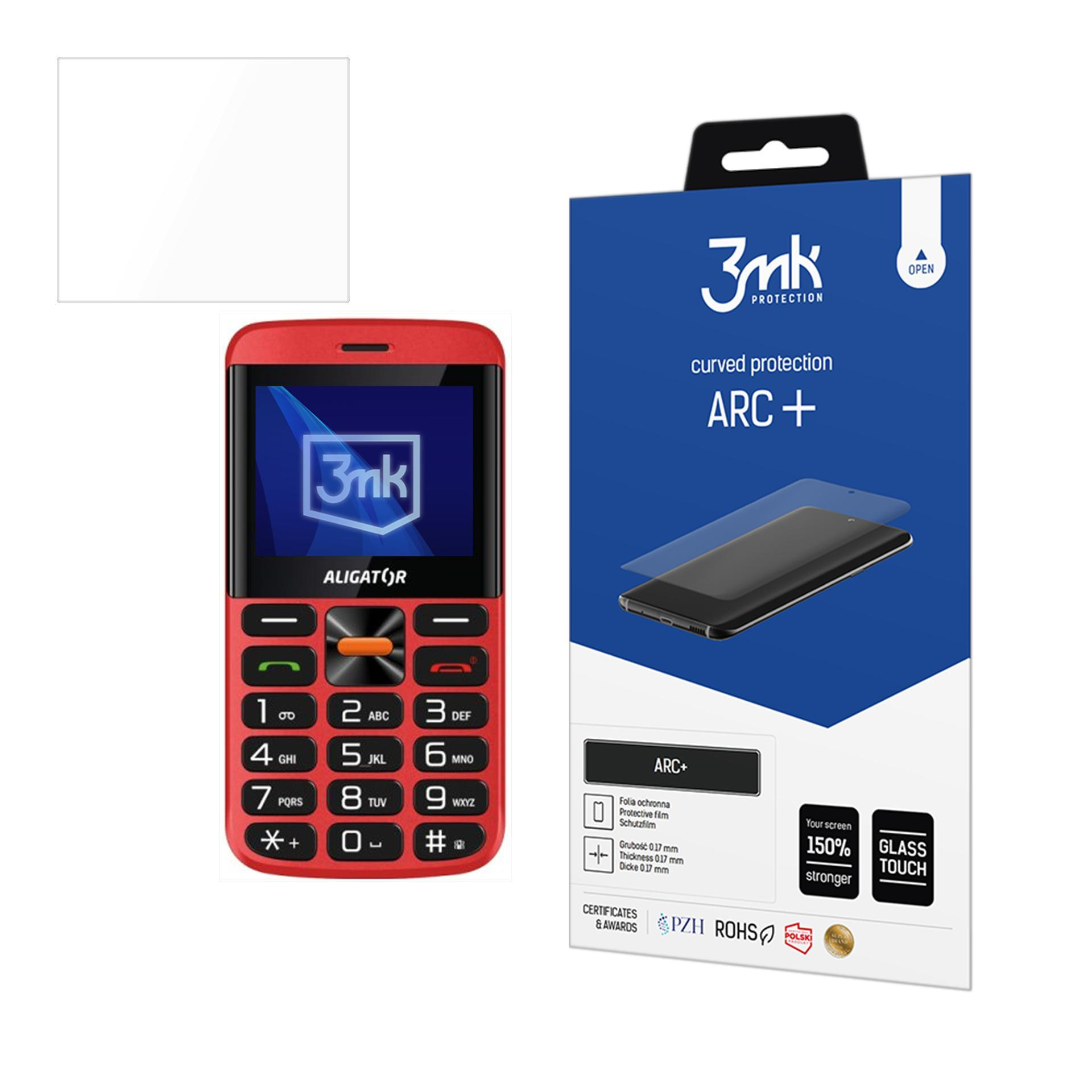 Un telefono Aligator rosso accanto a una scatola blu di protezione schermo 3mk. La scatola mostra il telefono e le sue caratteristiche.