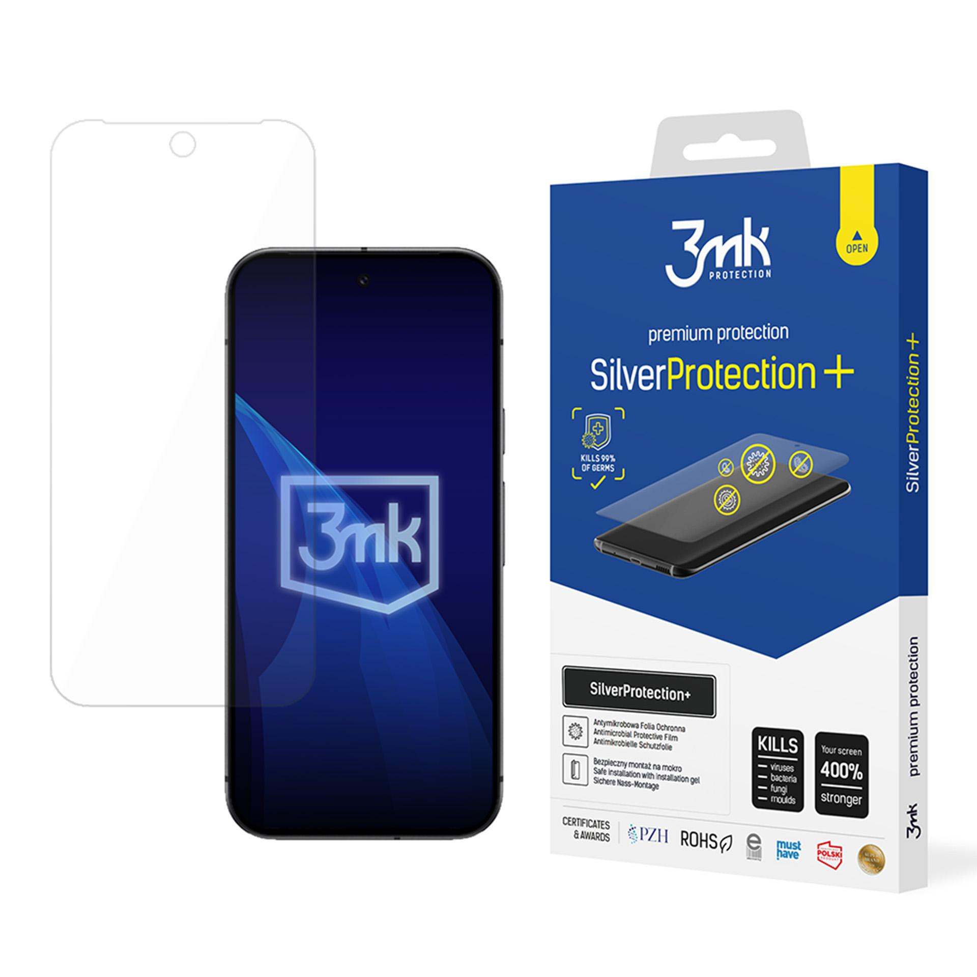 Una scatola di protezione dello schermo del telefono con un telefono e un protettore. Ha il testo SilverProtection+ e 3mk.