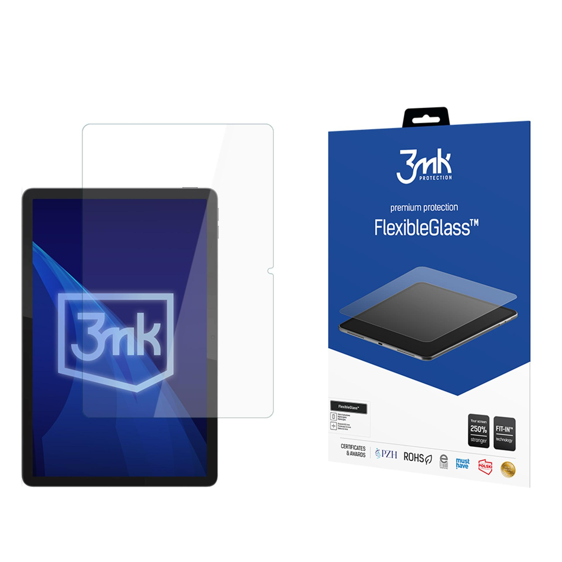 Obraz przedstawia tablet z ochroną ekranu i jego opakowaniem. Opakowanie reklamuje ochronę ekranu FlexibleGlass.