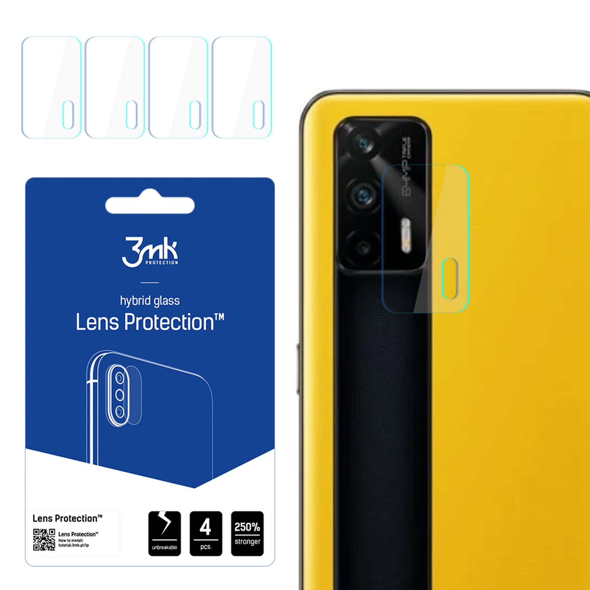 Un telefono con retro giallo e protezione per lenti. Sullo sfondo un pacco con protezioni per lenti.