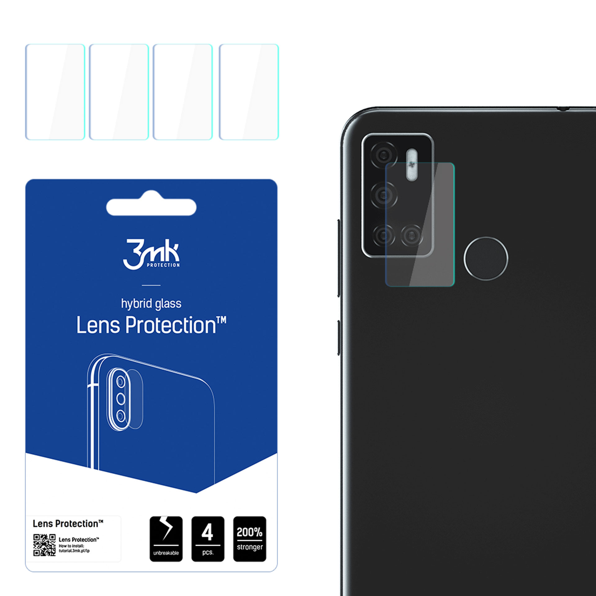Un kit di protezione per lenti per smartphone. Il kit include protezioni, un telefono e confezione con dettagli del prodotto.