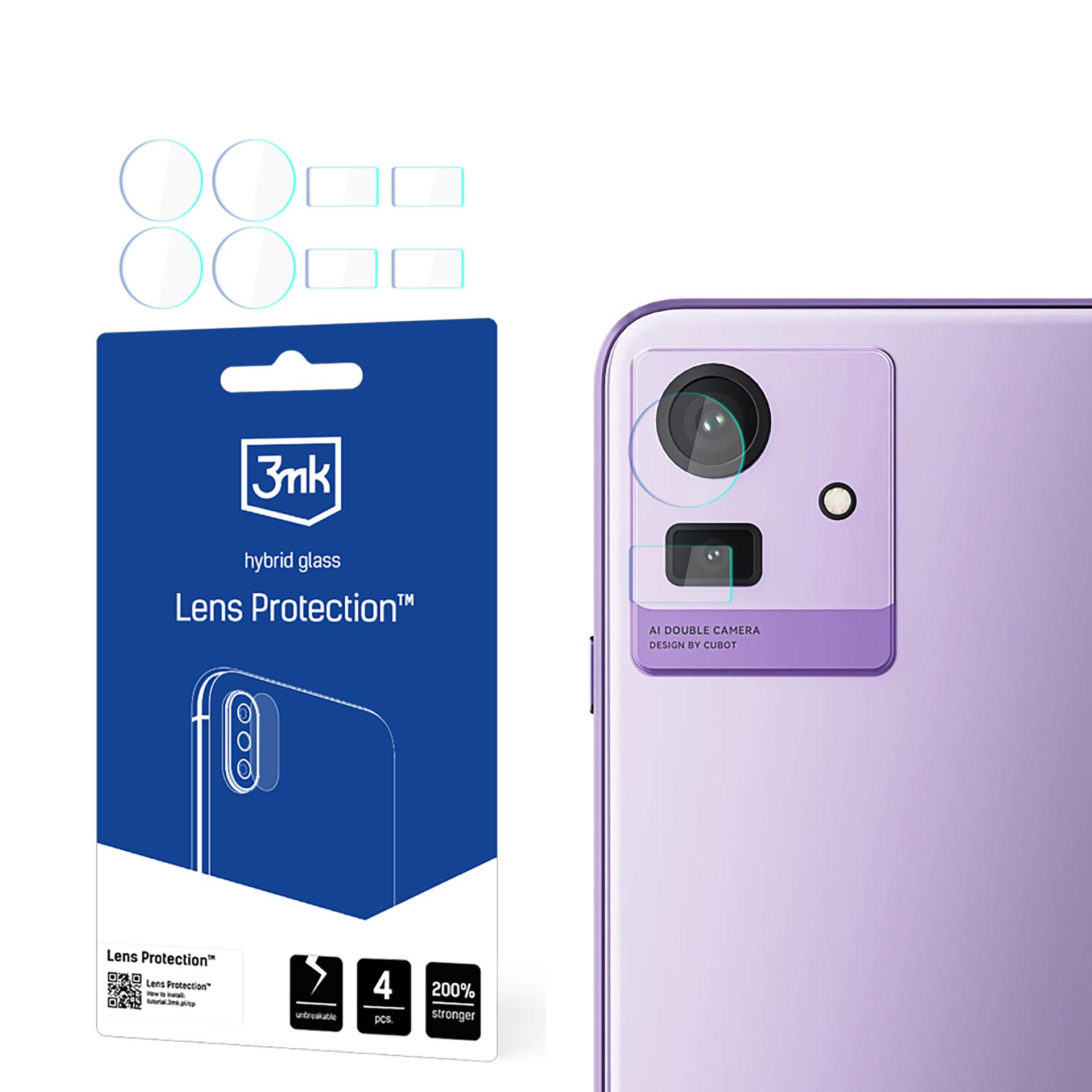 Un telefono con un modulo fotocamera viola e una confezione di protezione per lenti. La confezione mostra il telefono e le protezioni per lenti.