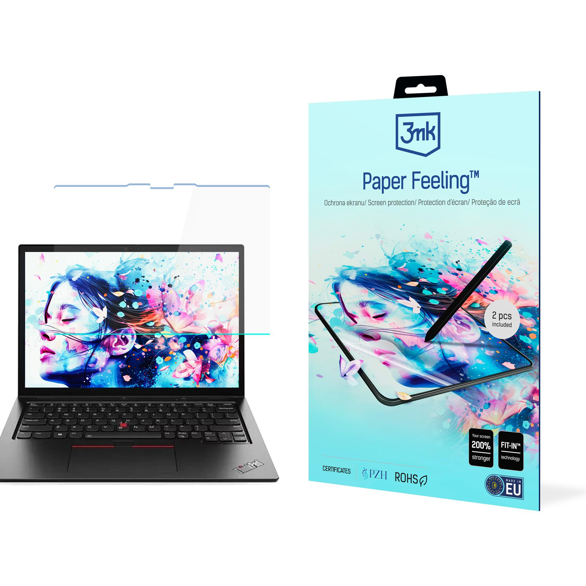 Un laptop accanto a una scatola di protezione dello schermo. La scatola mostra un telefono con una penna e il testo 'Paper Feeling'.