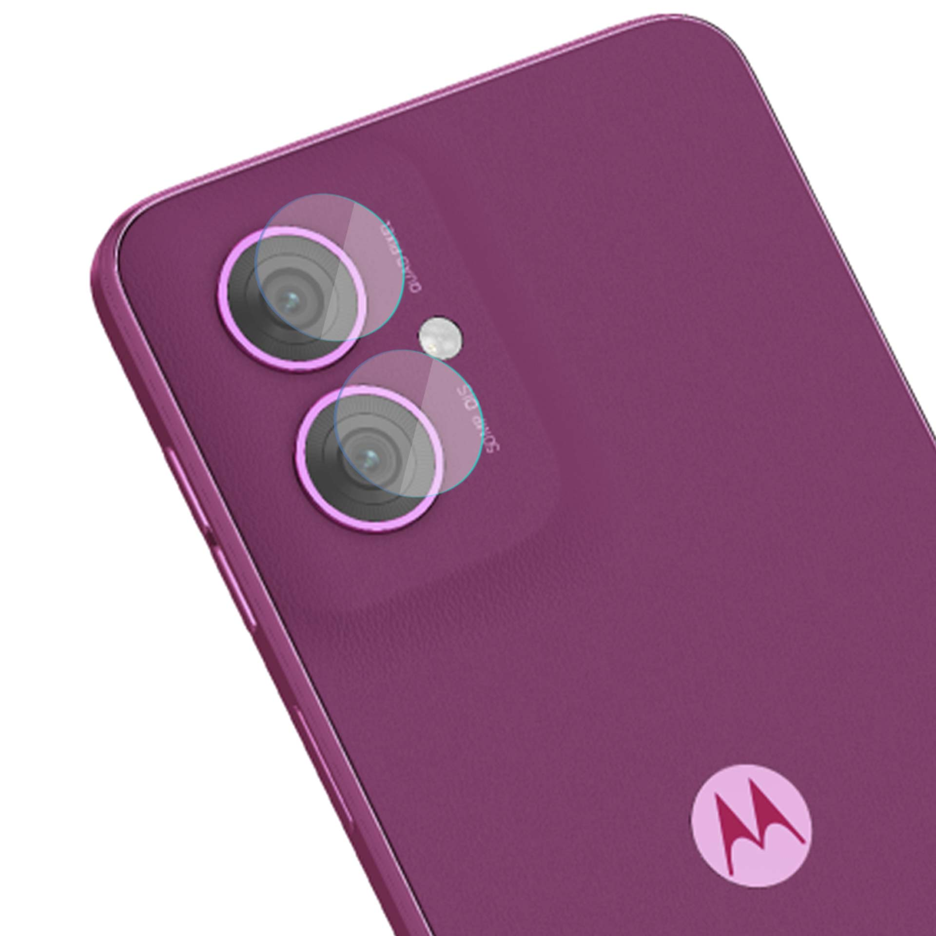 Primo piano del retro di uno smartphone viola con due obiettivi e un logo Motorola. Gli obiettivi hanno coperture protettive.