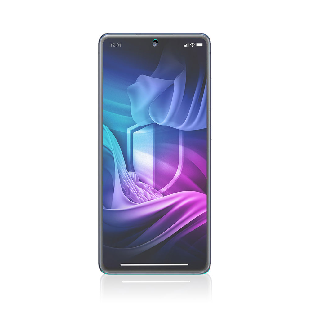 Smartfon wyświetla grafikę tarczy. Ekran pokazuje płynącą niebieską i fioletową tkaninę. Telefon jest na białym tle.