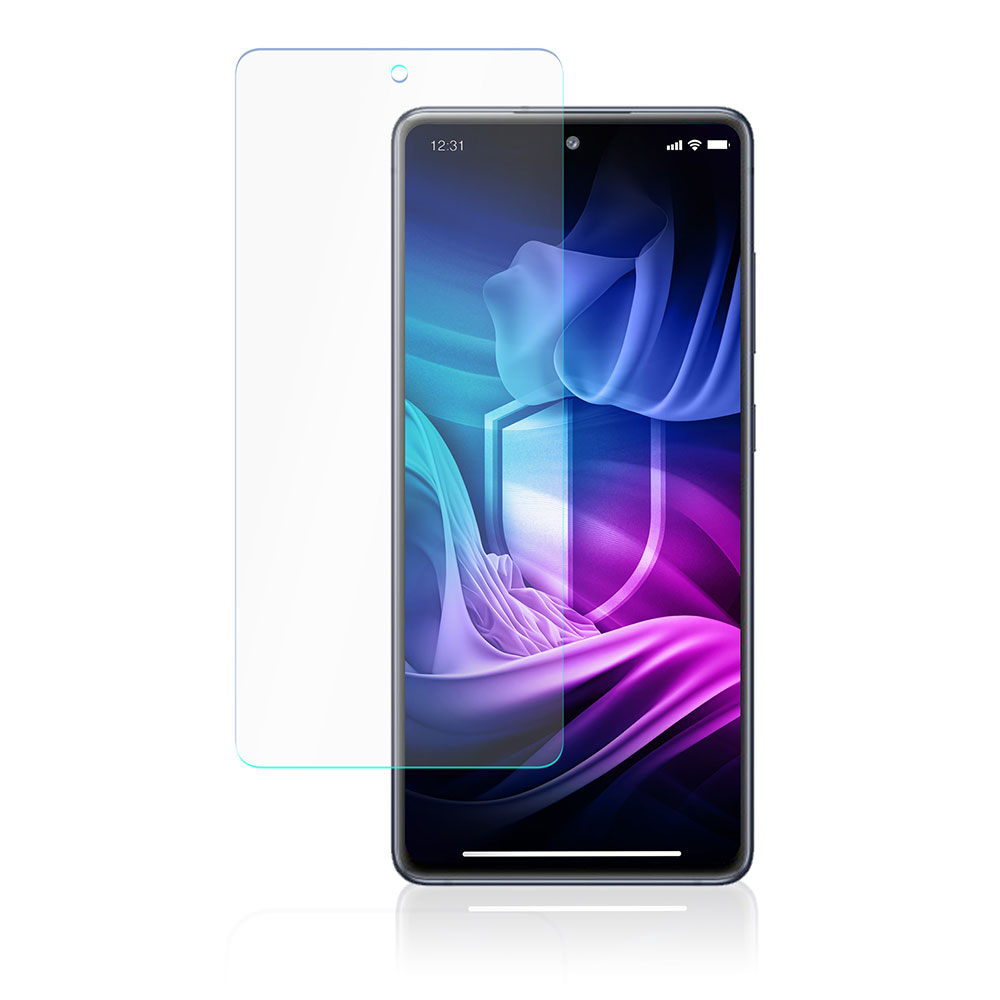 Smartfon z ochraniaczem ekranu. Telefon wyświetla niebieski, fioletowy i biały abstrakcyjny wzór. Ochraniacz jest przezroczysty.