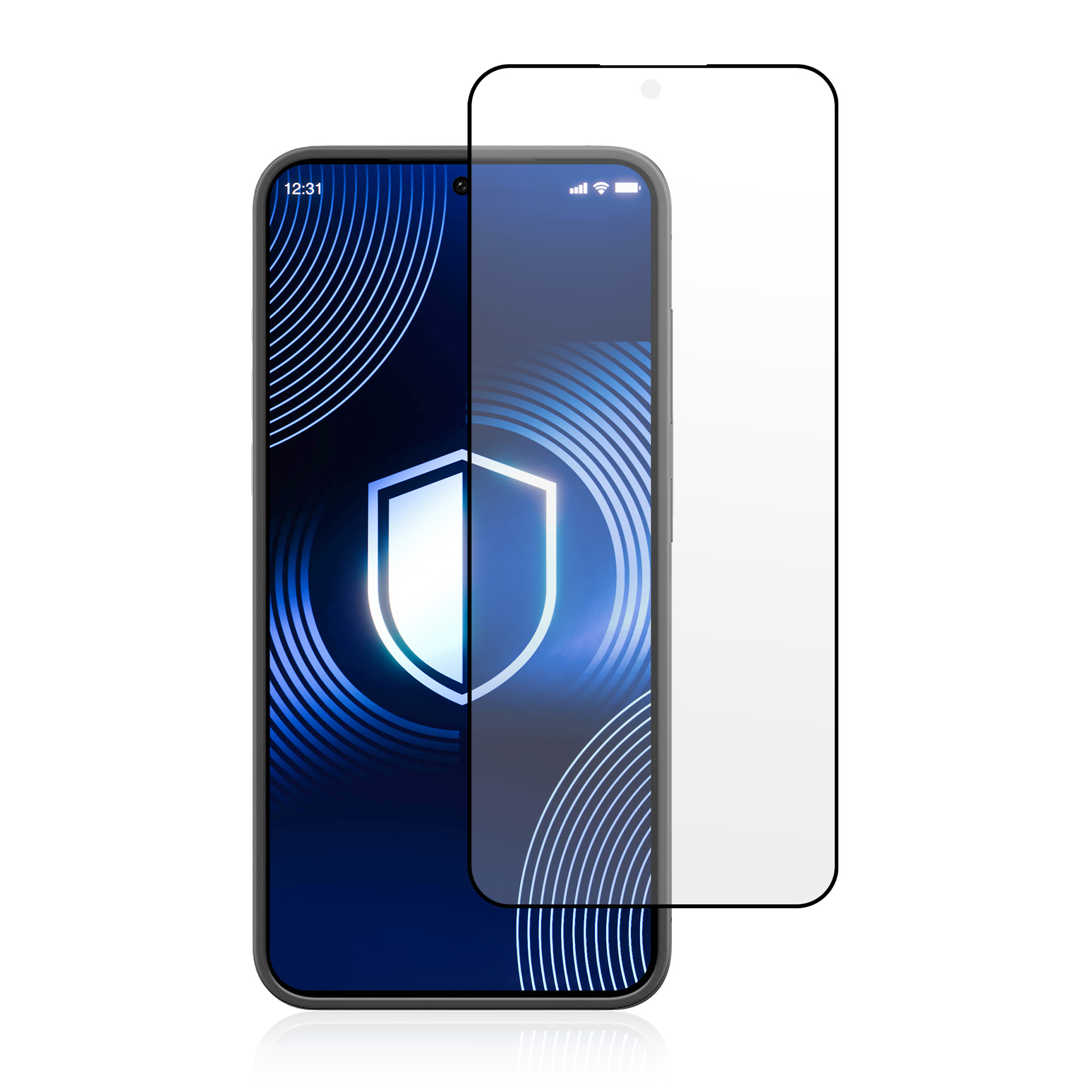 Uno smartphone con protezione schermo. Il telefono mostra un'icona a scudo e un orologio. La protezione è trasparente e accanto al telefono.