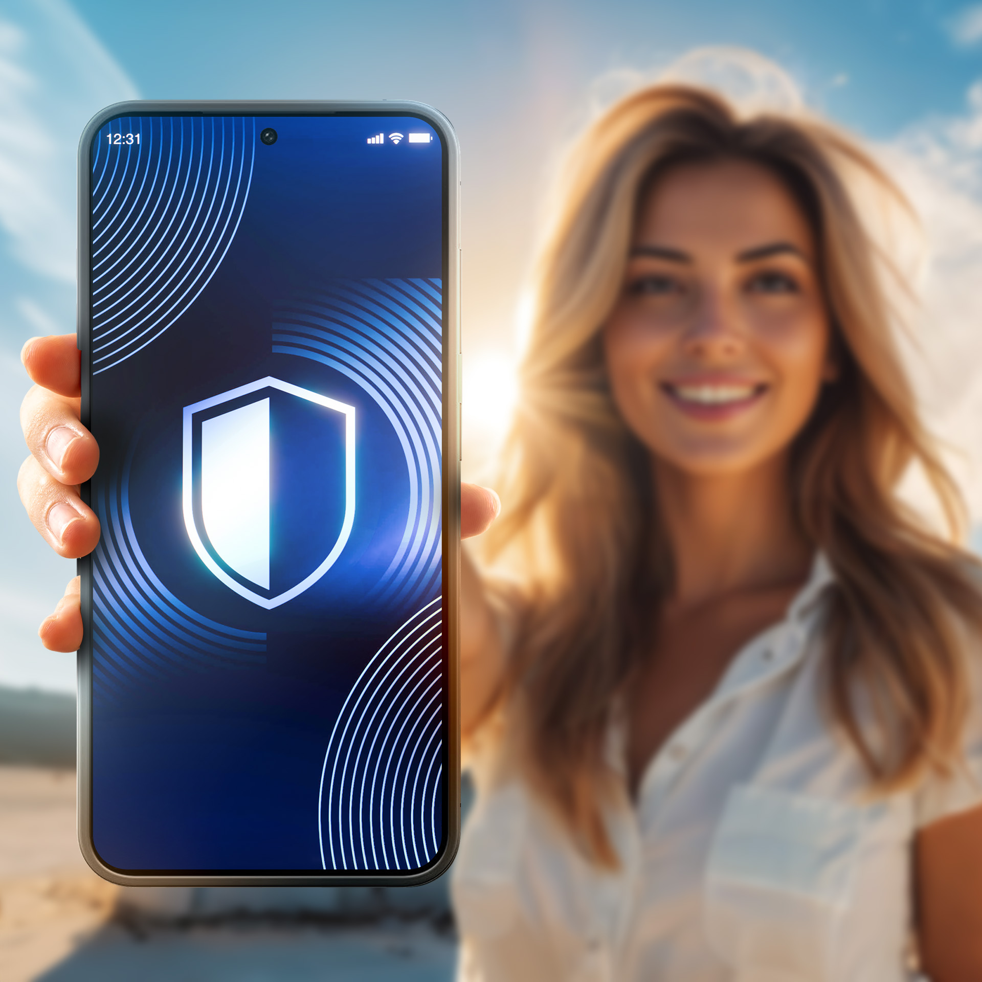 Donna che tiene in mano un telefono con l'icona dello scudo. Sfondo sfocato con luce solare e cielo blu.