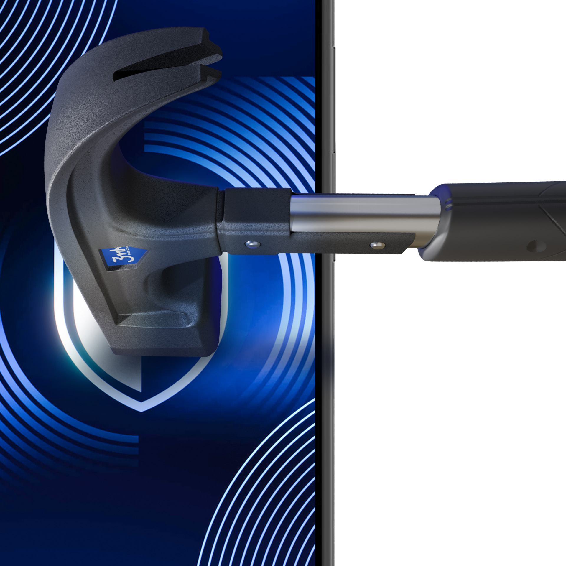 Un martello nero colpisce uno smartphone. Lo schermo mostra un logo scudo blu con linee bianche su sfondo blu scuro.