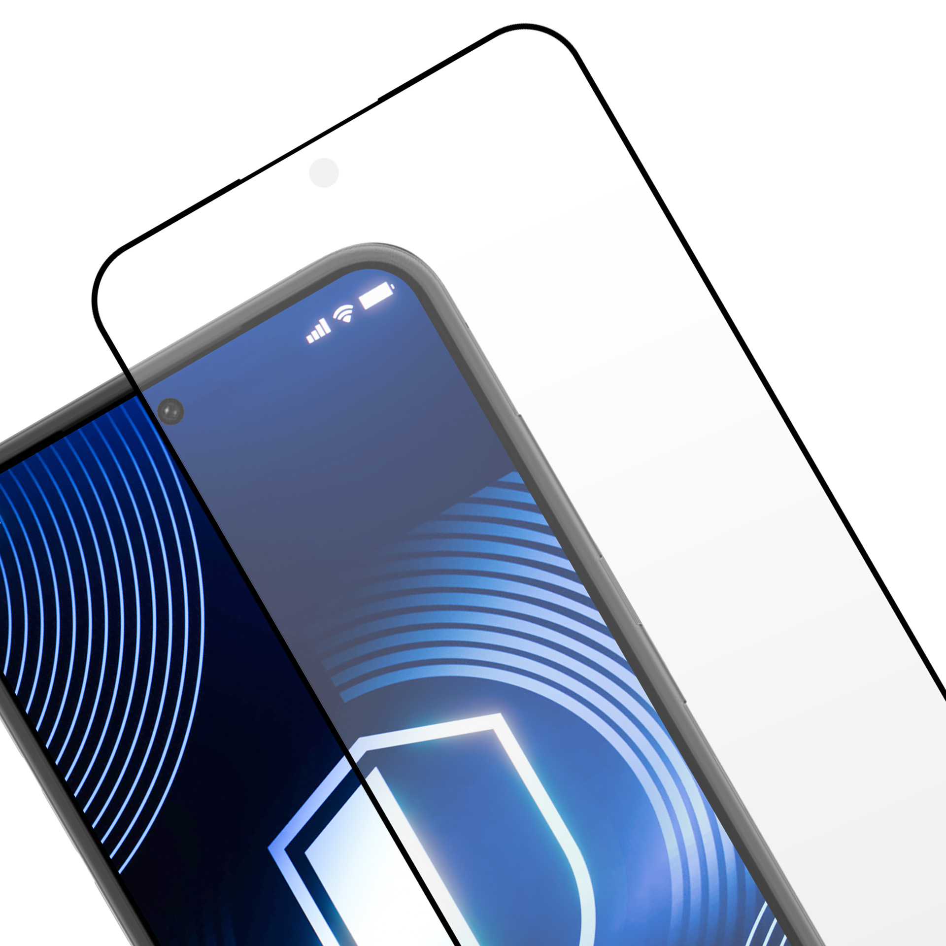 Uno smartphone con protezione schermo. Lo schermo mostra un design blu. Una fotocamera è visibile.