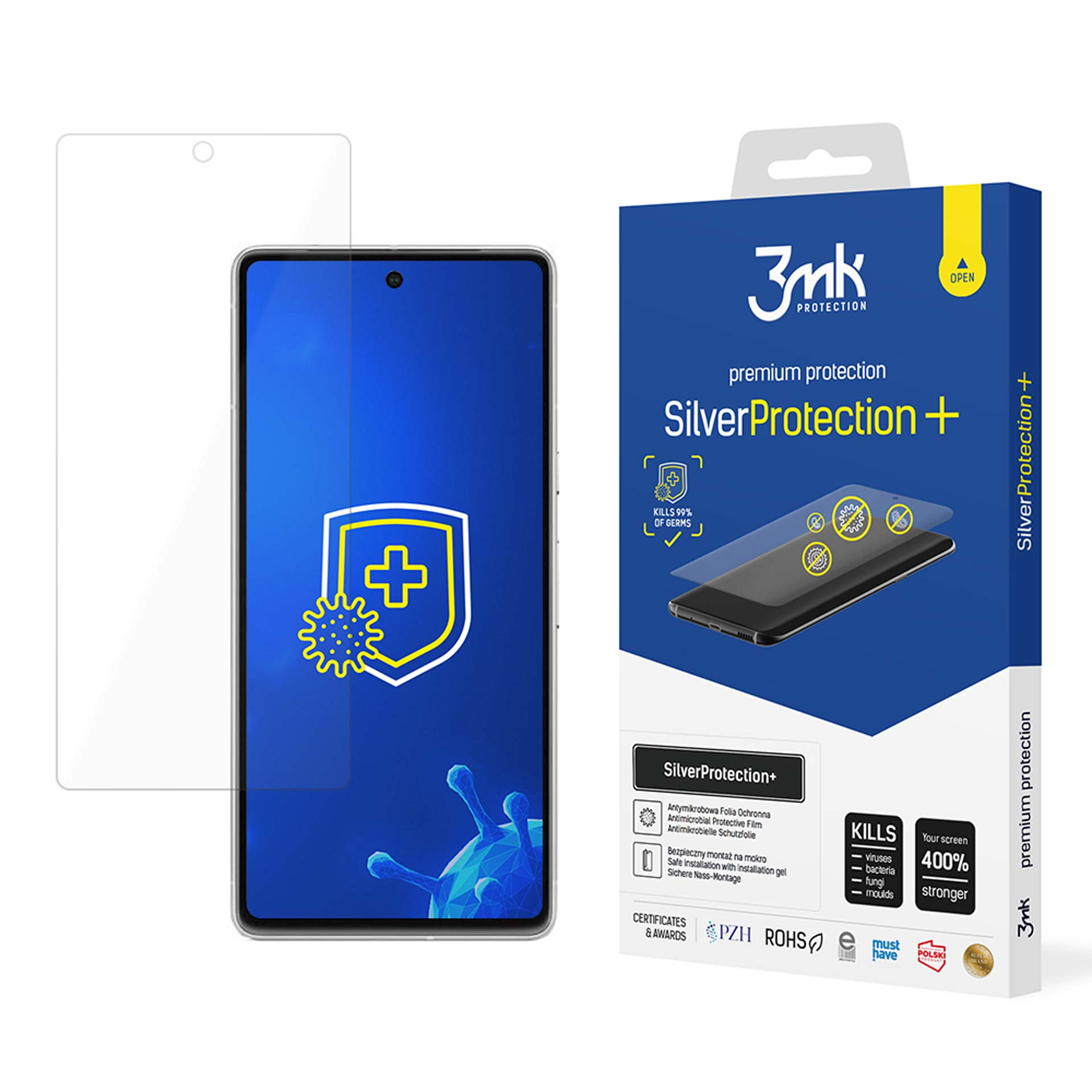 Una scatola di protezione per lo schermo del telefono con un telefono e un protettore accanto. La scatola è blu con testo bianco.