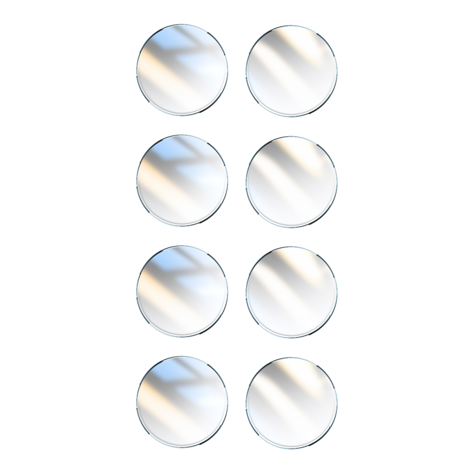 Otto specchi circolari con sottili cornici argentate. Riflessi di luce e cielo visibili sulle superfici, su sfondo bianco.
