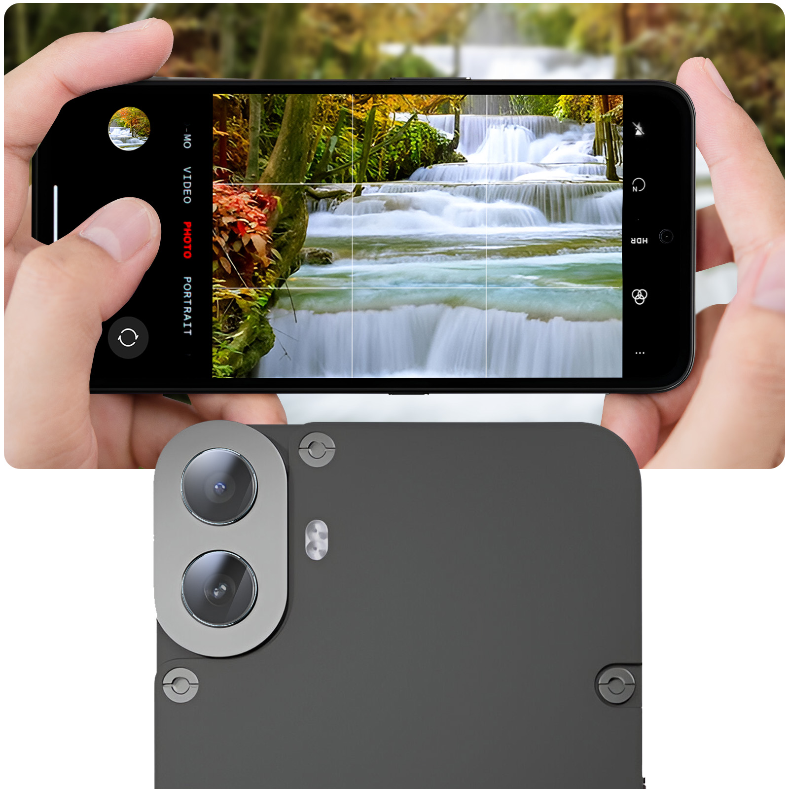 Un telefono mostra una scena di cascata. Le mani tengono il telefono. La parte posteriore della fotocamera è grigio scuro con due obiettivi.
