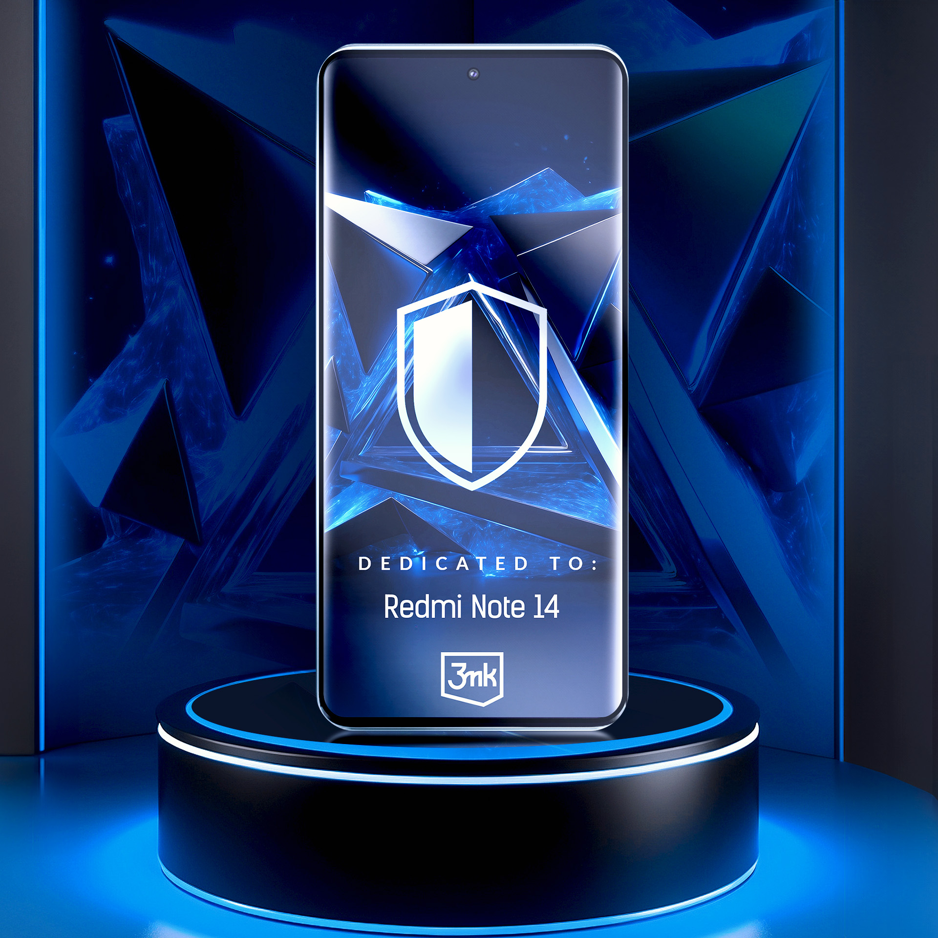 Smartphone su un supporto. Sfondo blu con forme astratte. Testo 'Dedicated to: Redmi Note 14'.