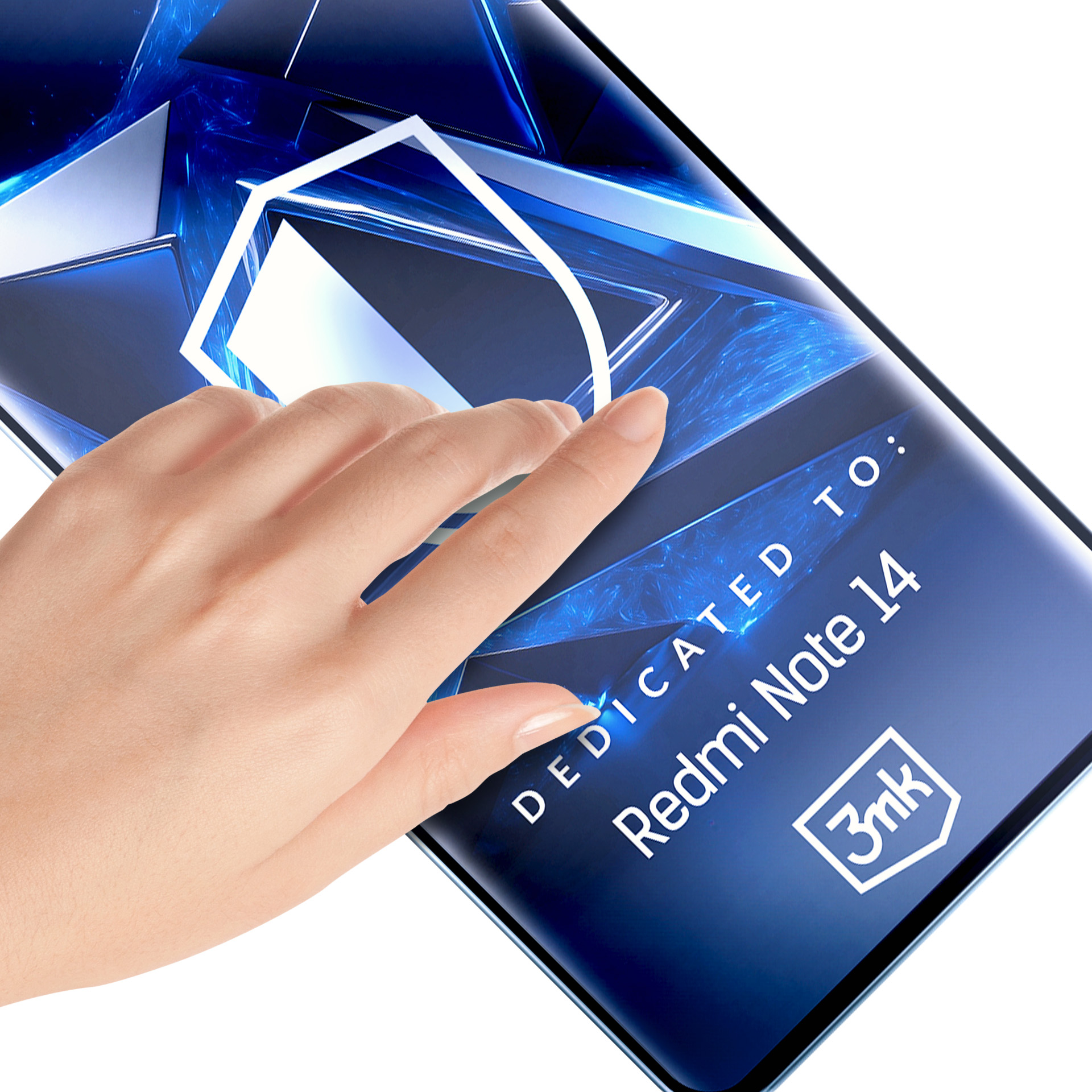 Una mano tocca lo schermo di un telefono. Lo schermo mostra 'Redmi Note 14' e un logo. Lo sfondo è blu astratto.