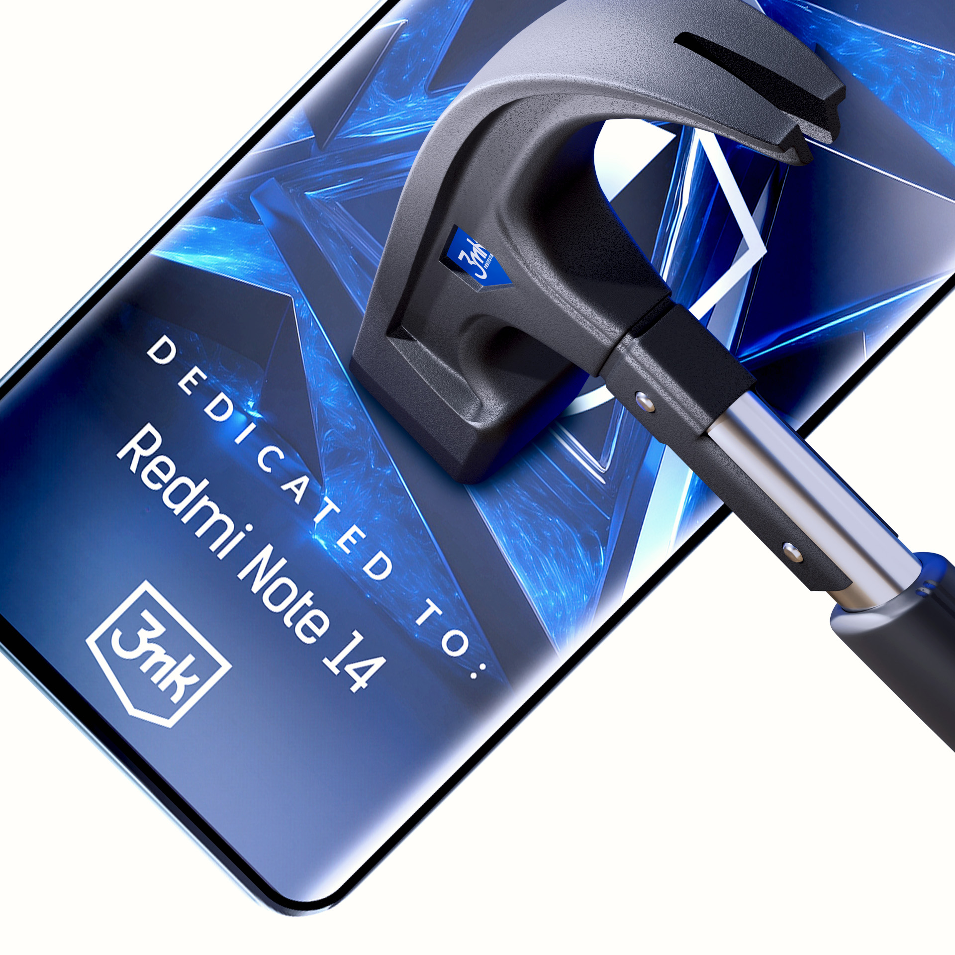 Un martello colpisce lo schermo di un telefono. Lo schermo mostra il testo: Dedicated to Redmi Note 14. Ha uno sfondo blu.