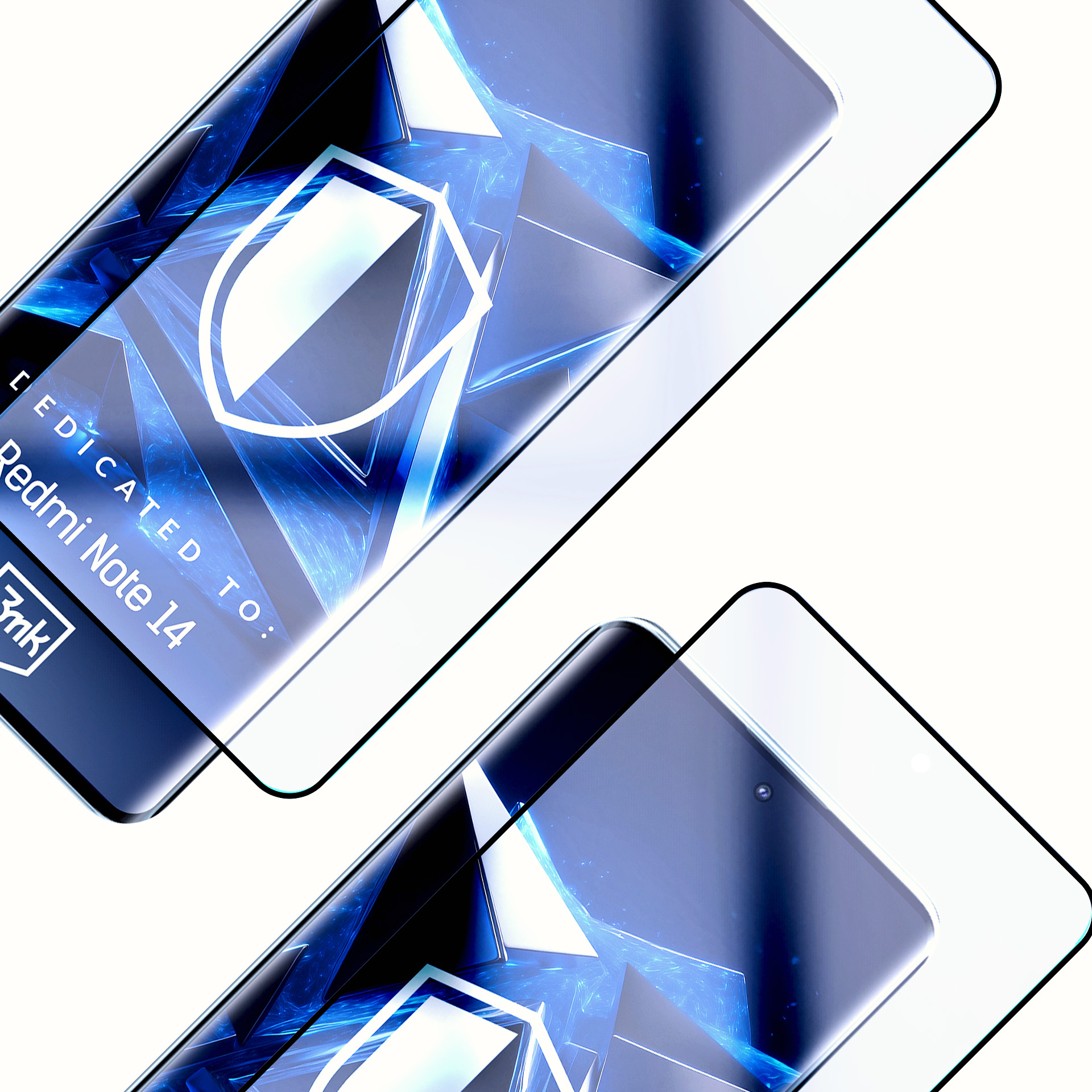 Due smartphone, protezioni schermo. Design astratto blu sugli schermi. Testo: Dedicato a Redmi Note 14. Sfondo bianco.