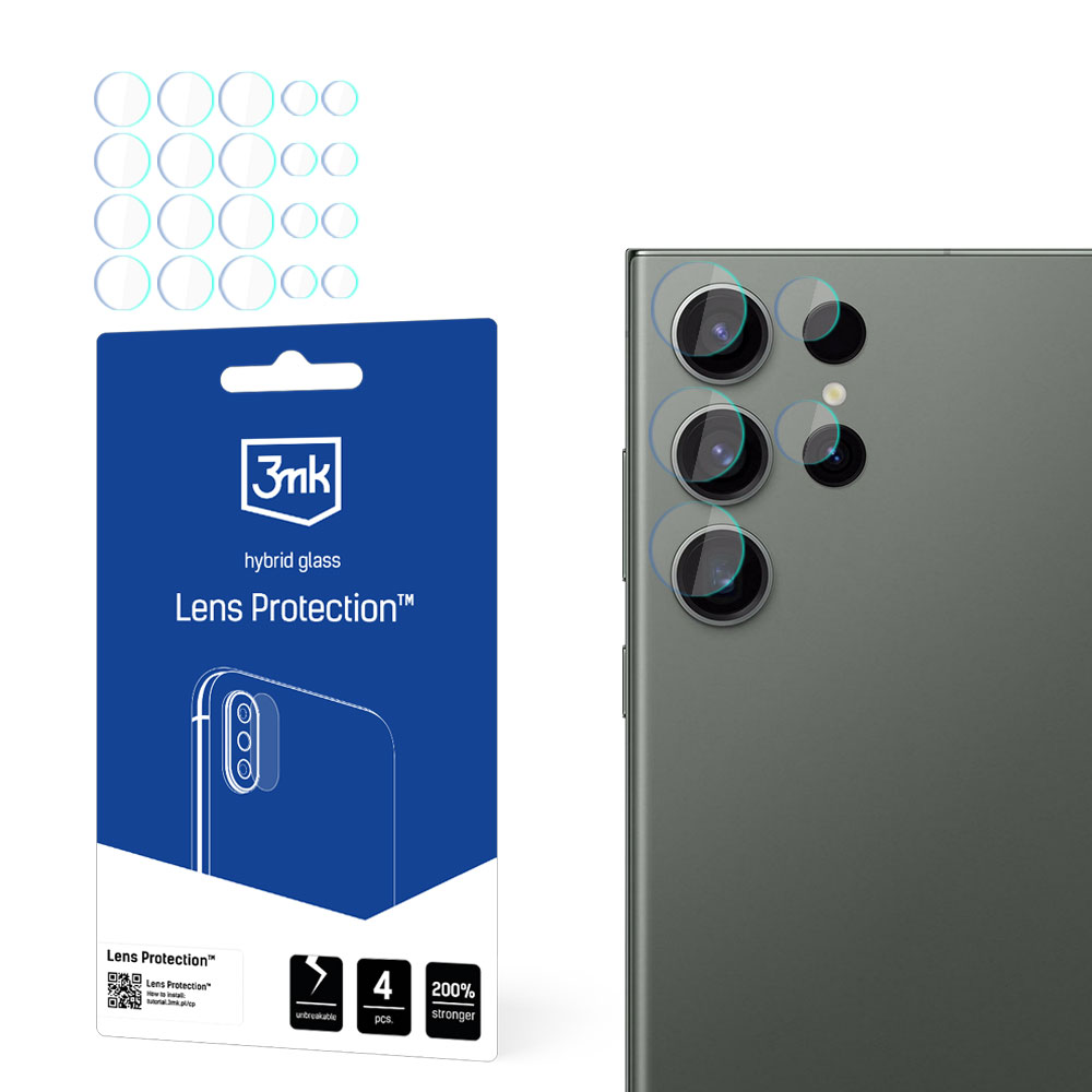Smartfon z obiektywami aparatu. Ochrona obiektywu i opakowanie po lewej stronie. Opakowanie zawiera "3mk" i "Lens Protection".