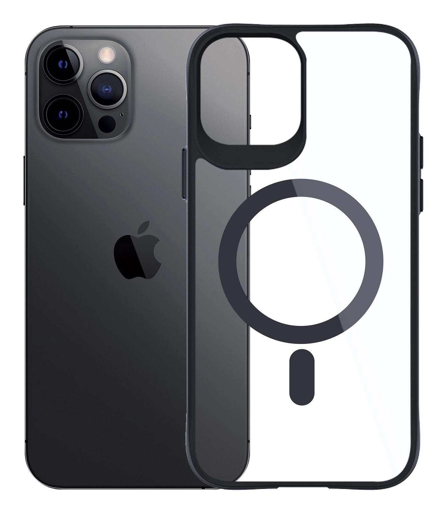 Un iPhone grigio scuro con una custodia protettiva trasparente. La custodia ha un bordo nero e un design circolare sul retro.
