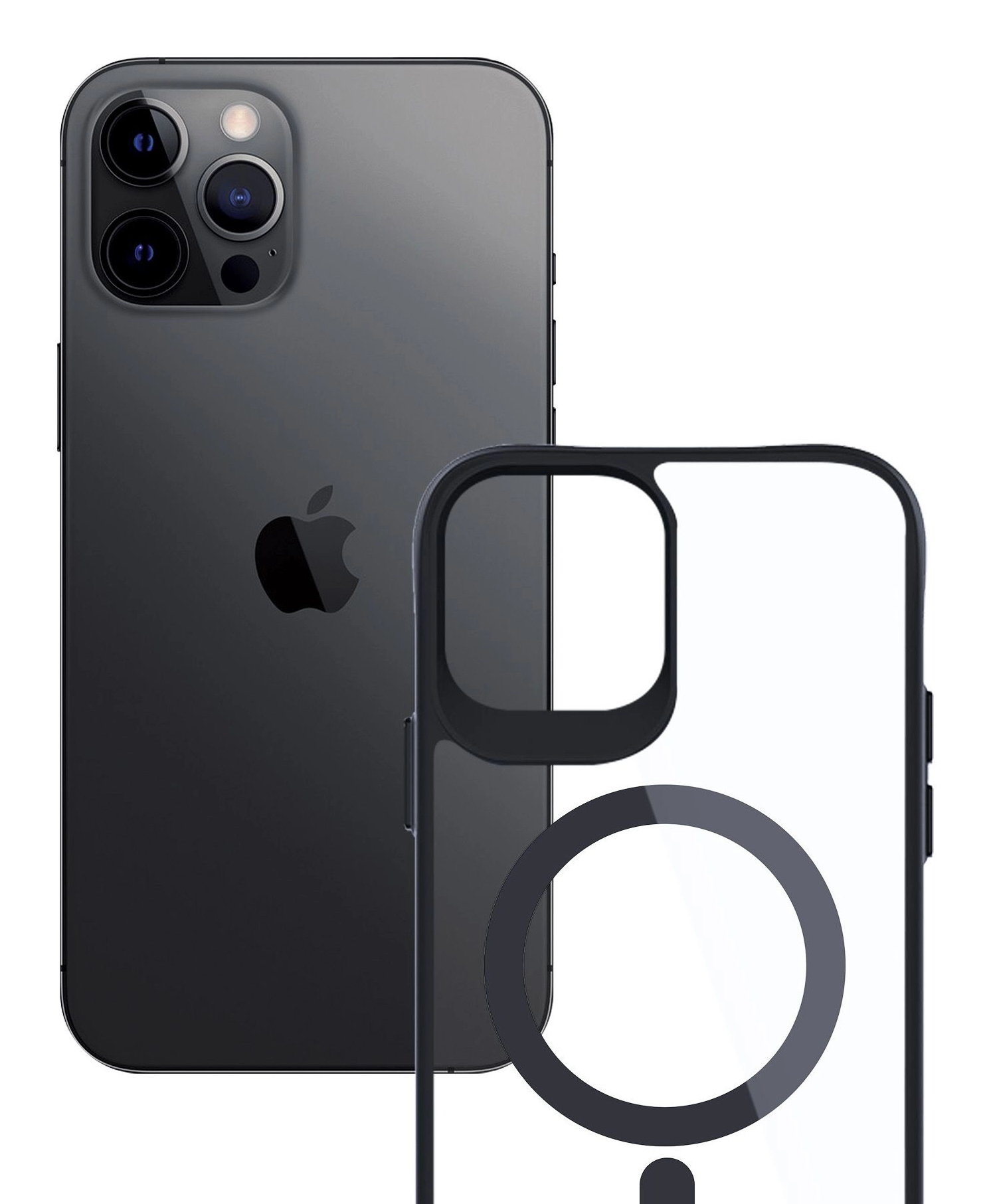 Un iPhone grigio scuro con una custodia trasparente. Il telefono mostra il logo Apple. La custodia ha un bordo nero e un centro trasparente.