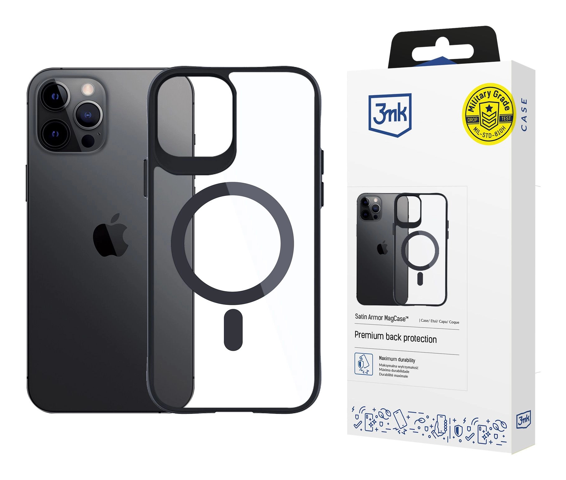 iPhone in una custodia trasparente. La custodia è accanto alla sua scatola, che mostra il telefono e la custodia, e dice grado militare.