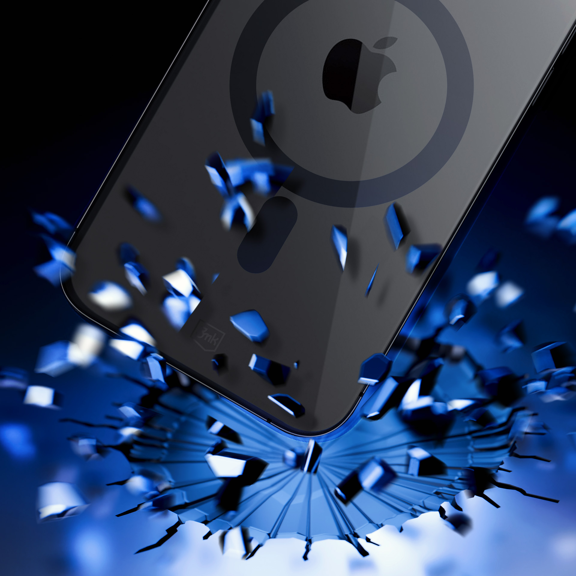 Un telefono con il logo Apple si rompe, con frammenti blu. Sfondo scuro con luce blu.