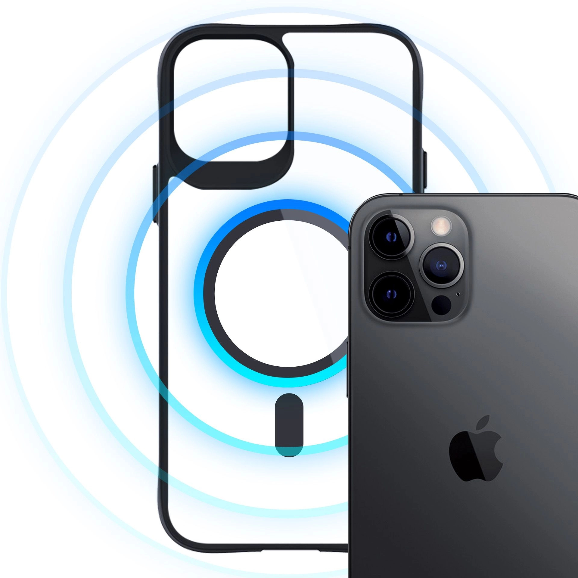 Un iPhone e una custodia trasparente sono mostrati. Il telefono è grigio con un modulo fotocamera nero. La custodia è trasparente.