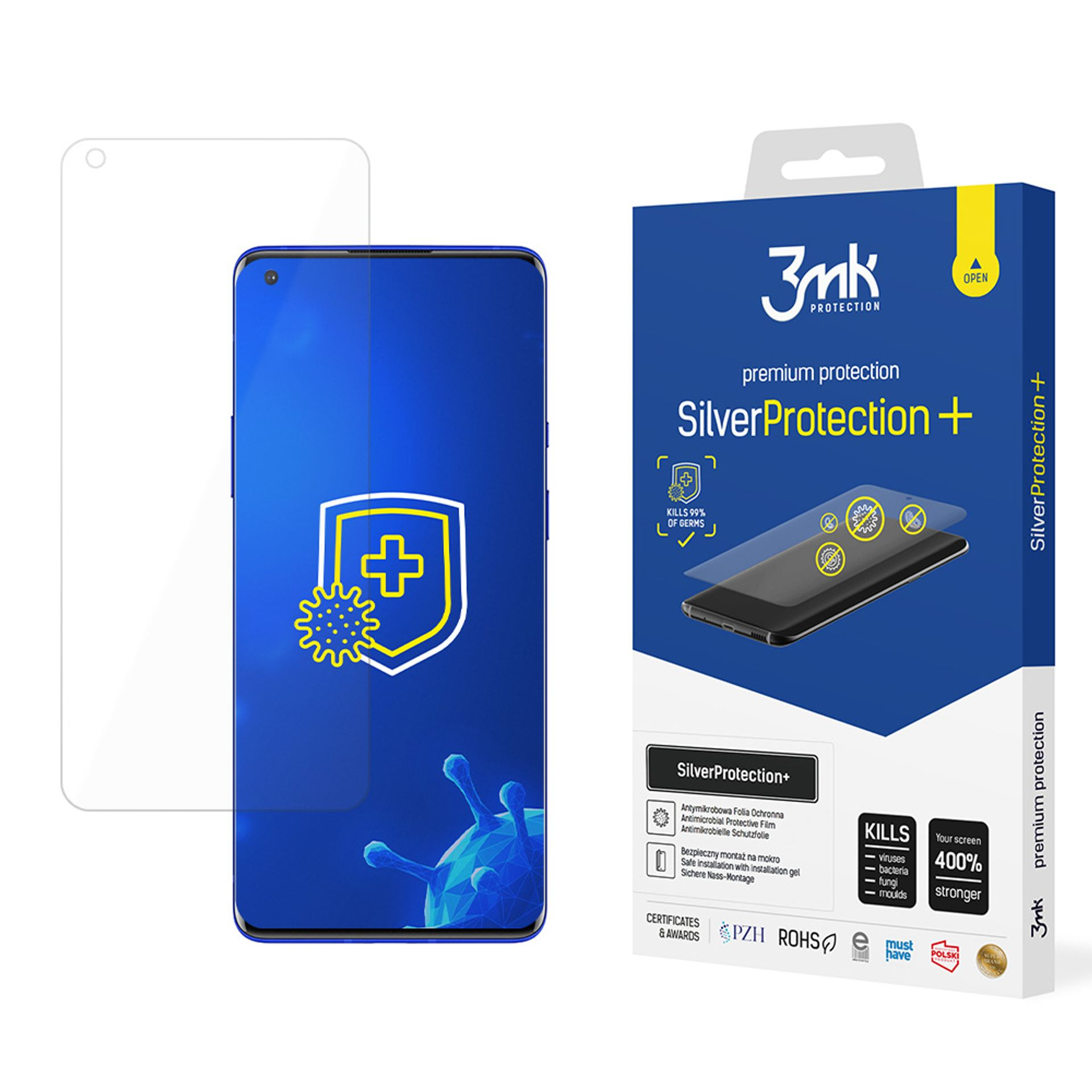 Vengono mostrati una protezione per schermo per smartphone e una scatola. La scatola riporta il marchio 3mk e un testo sulla protezione.