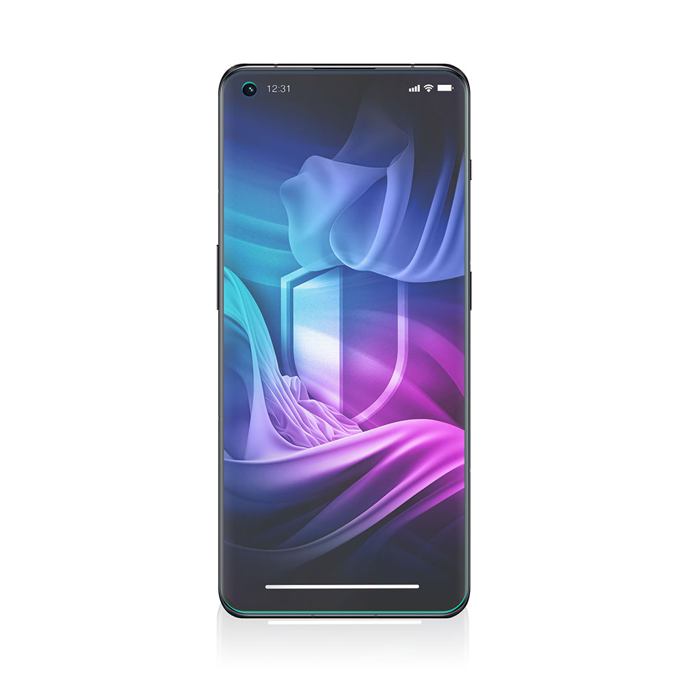 Smartfon wyświetla ikonę tarczy na tle żywego gradientu niebieskiego, fioletowego i różowego. Wyświetlany jest czas i sygnał.