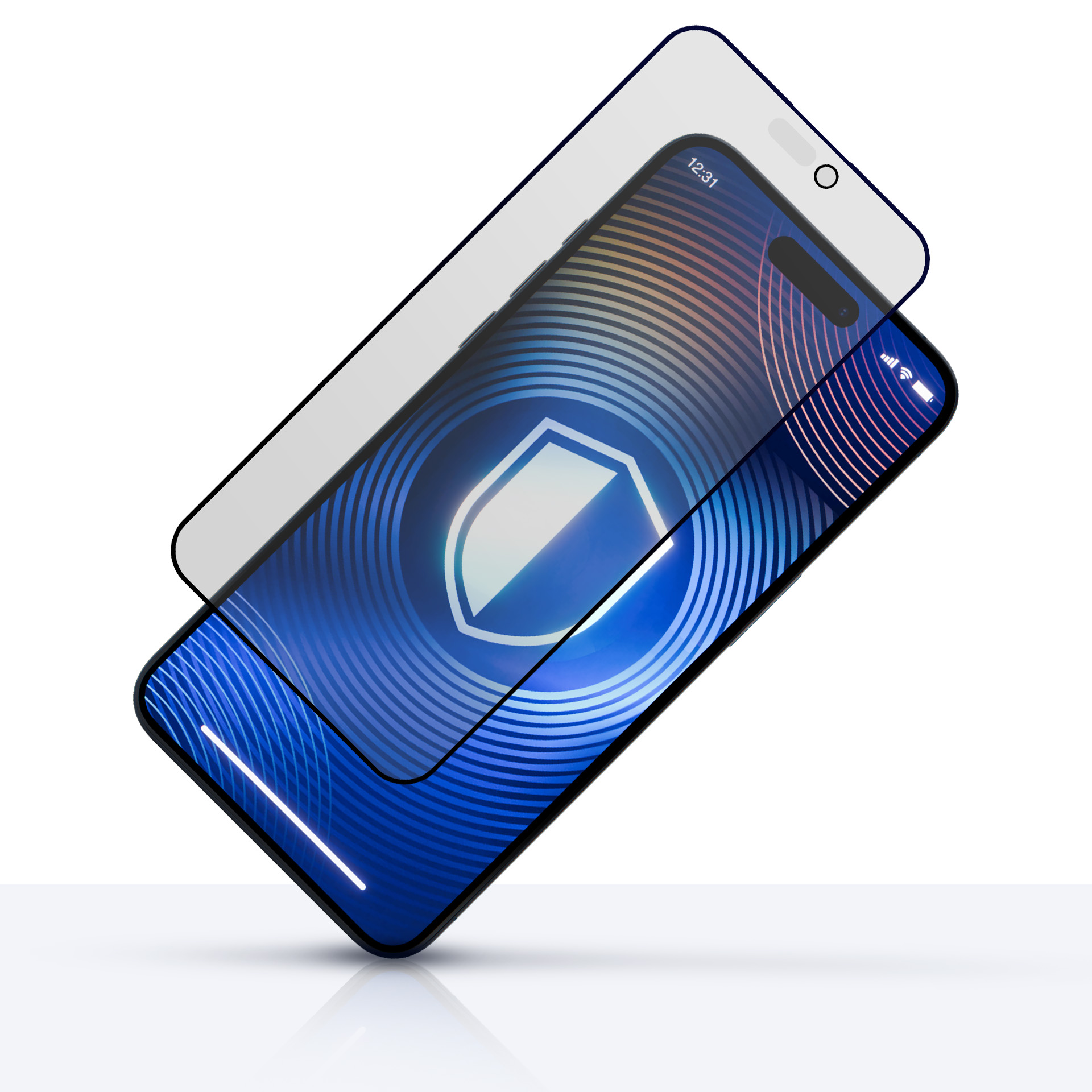 Smartfon z ochraniaczem ekranu. Ekran wyświetla ikonę tarczy. Białe tło.