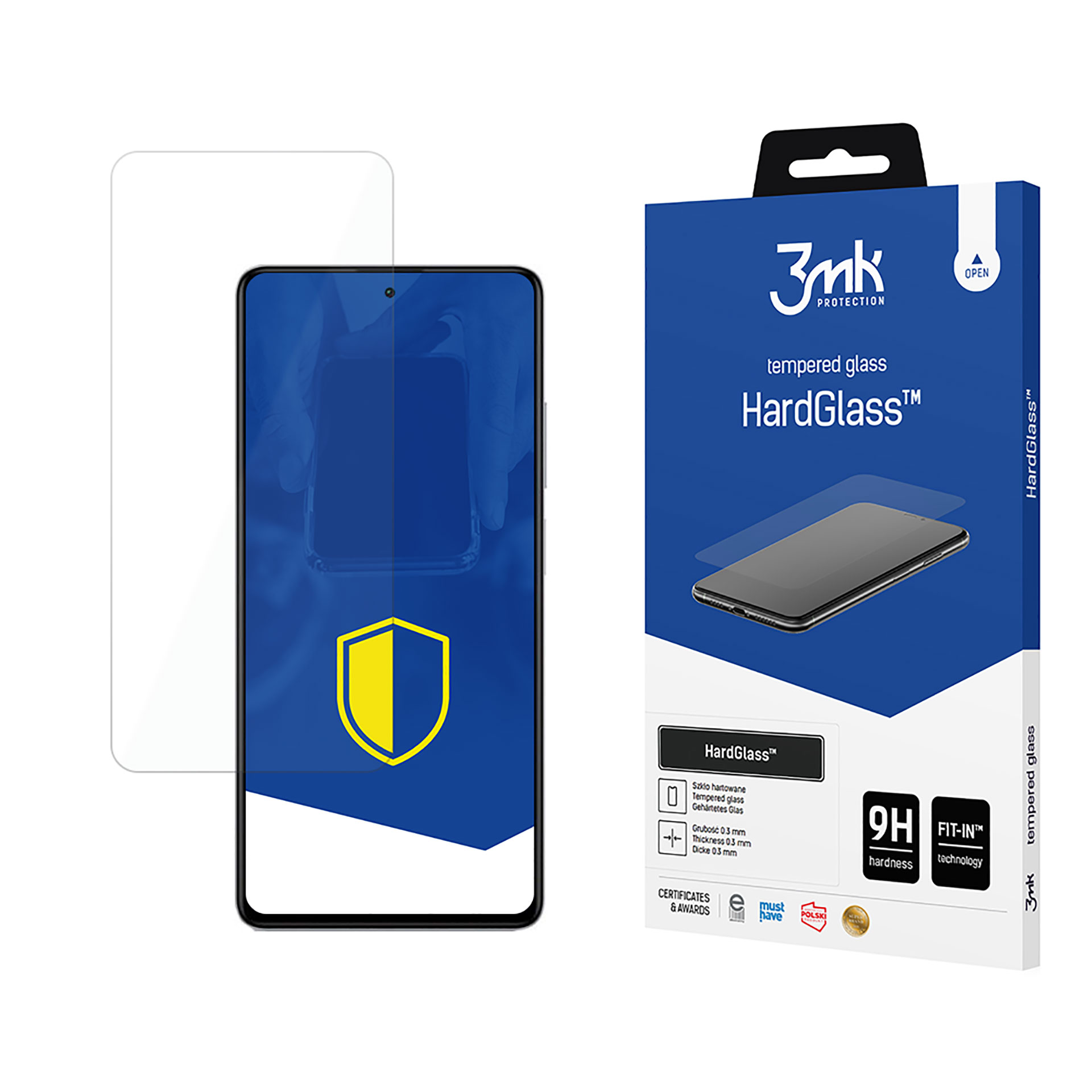 Proteggi schermo e scatola con testo 'HardGlass' e logo su sfondo bianco.